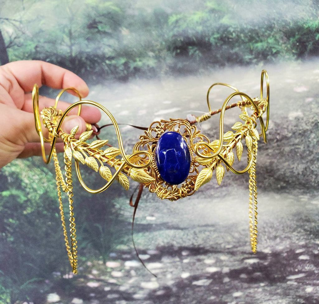 Morwenna in Gold -Lapis Lazuli Filigree Fairy Crown
