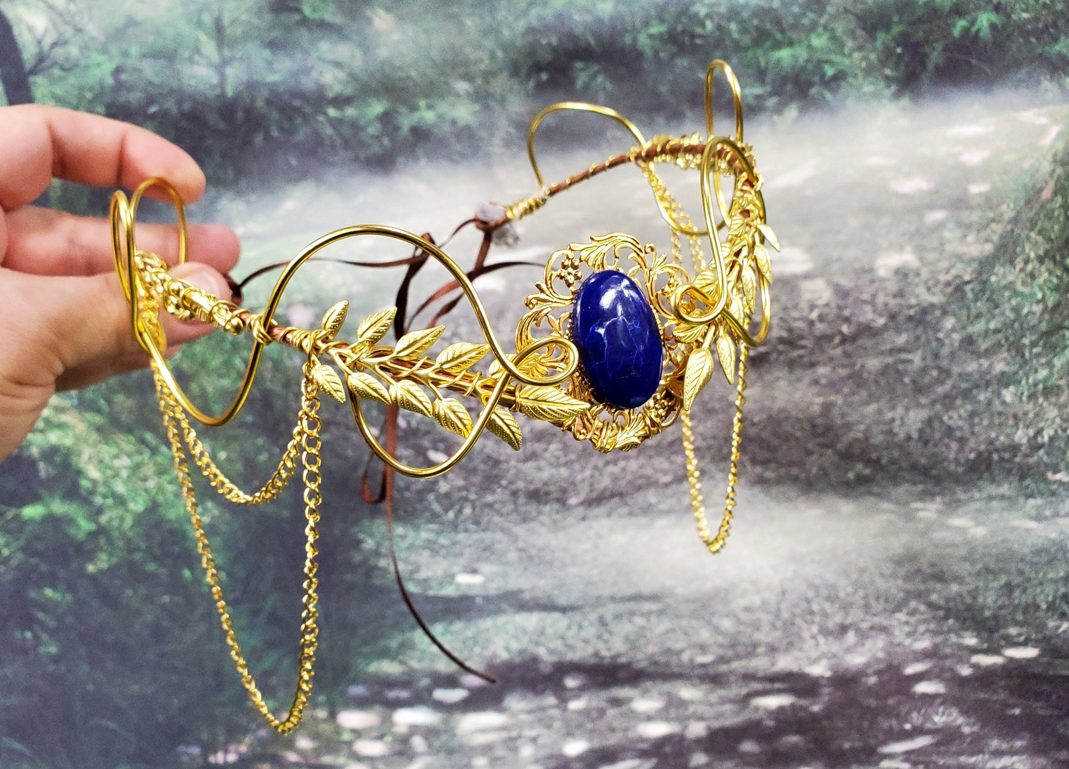 Morwenna in Gold -Lapis Lazuli Filigree Fairy Crown
