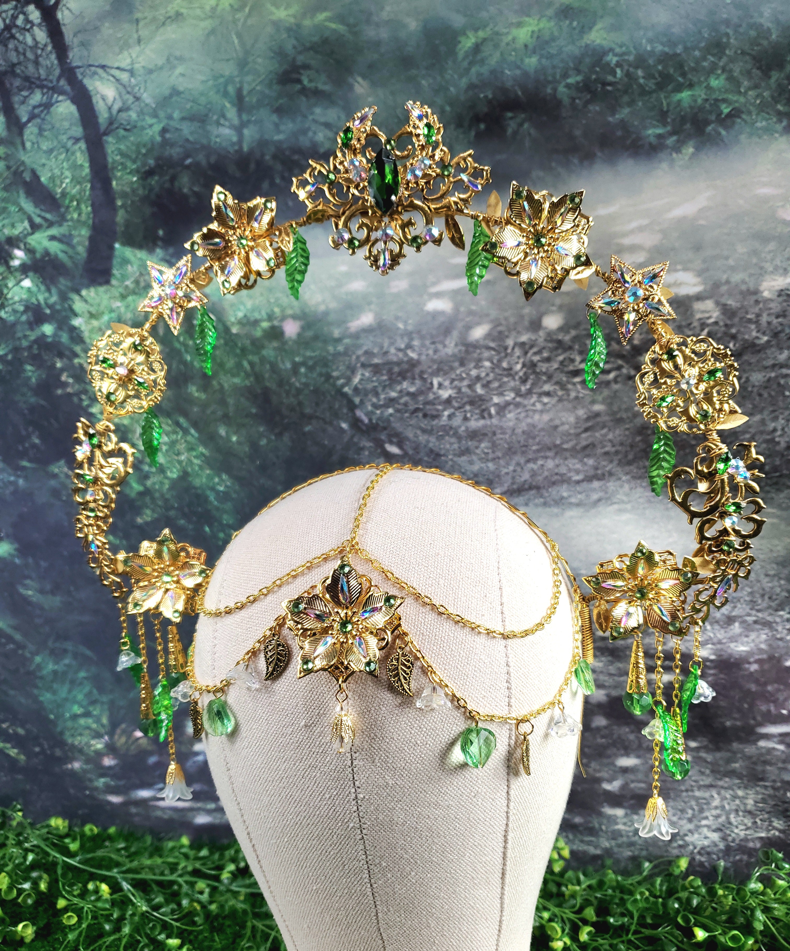 Goddess Of Spring - Gold and Green Jeweled Filigree Halo Headpiece