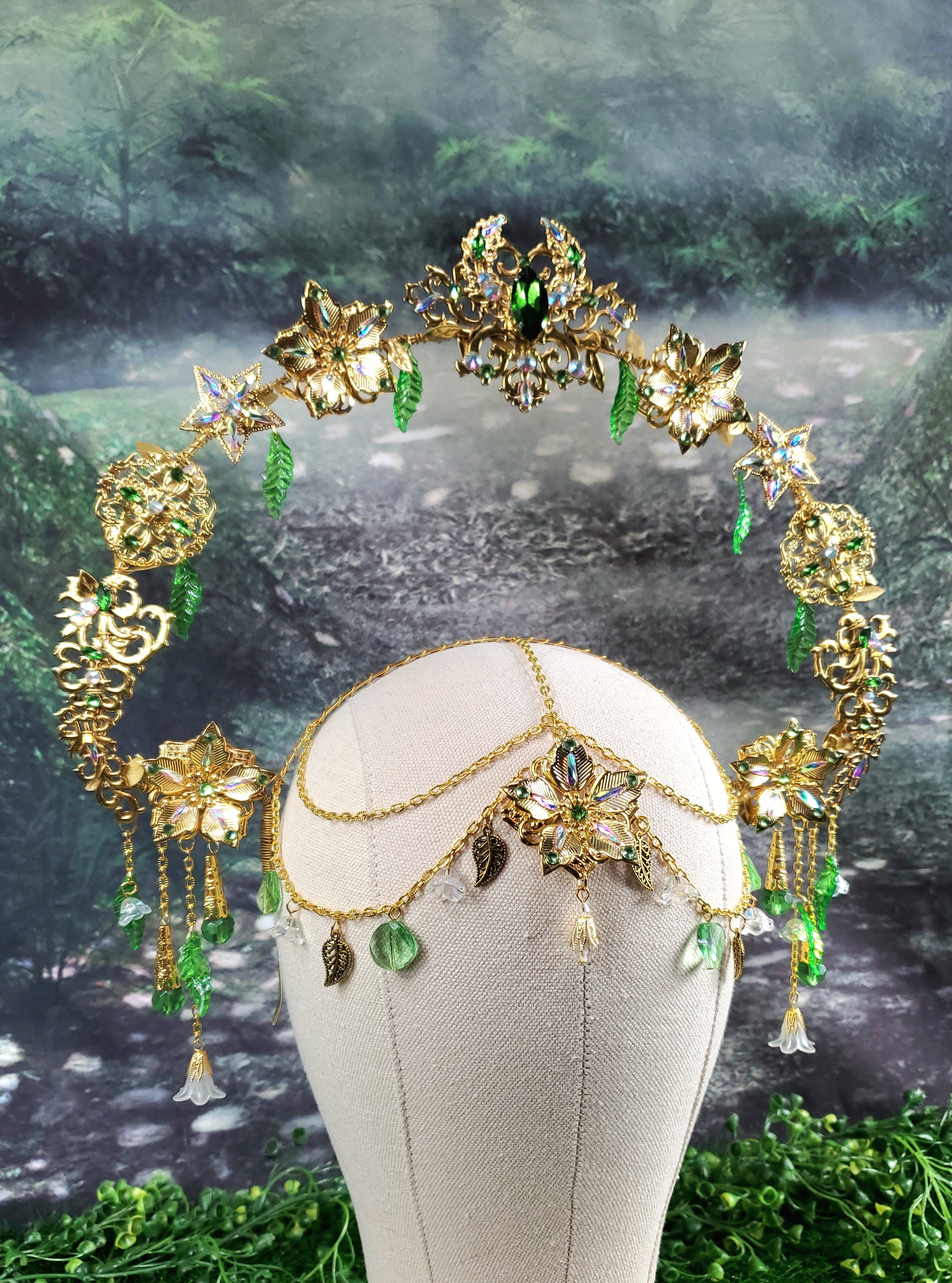 Goddess Of Spring - Gold and Green Jeweled Filigree Halo Headpiece