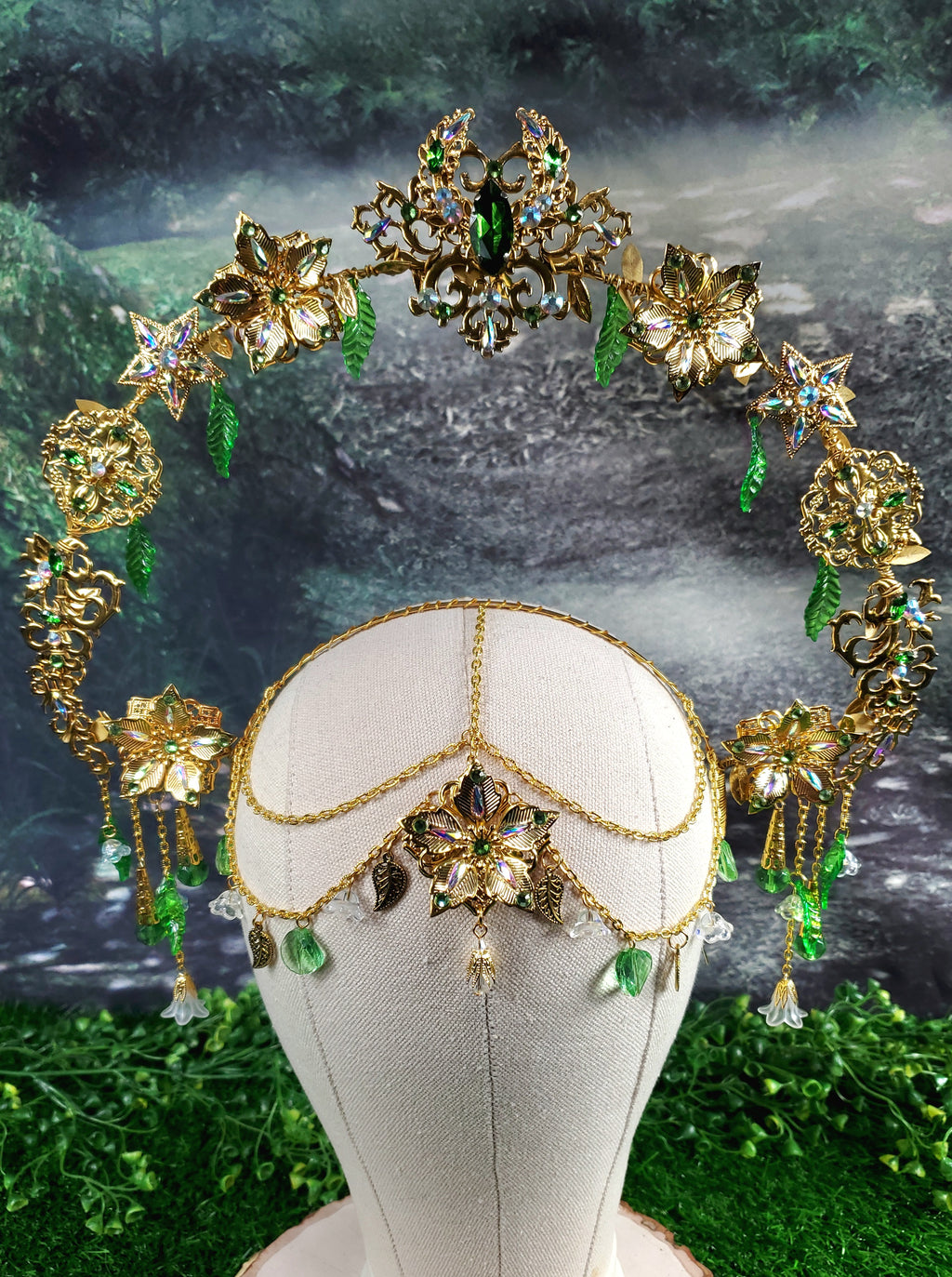 Goddess Of Spring - Gold and Green Jeweled Filigree Halo Headpiece