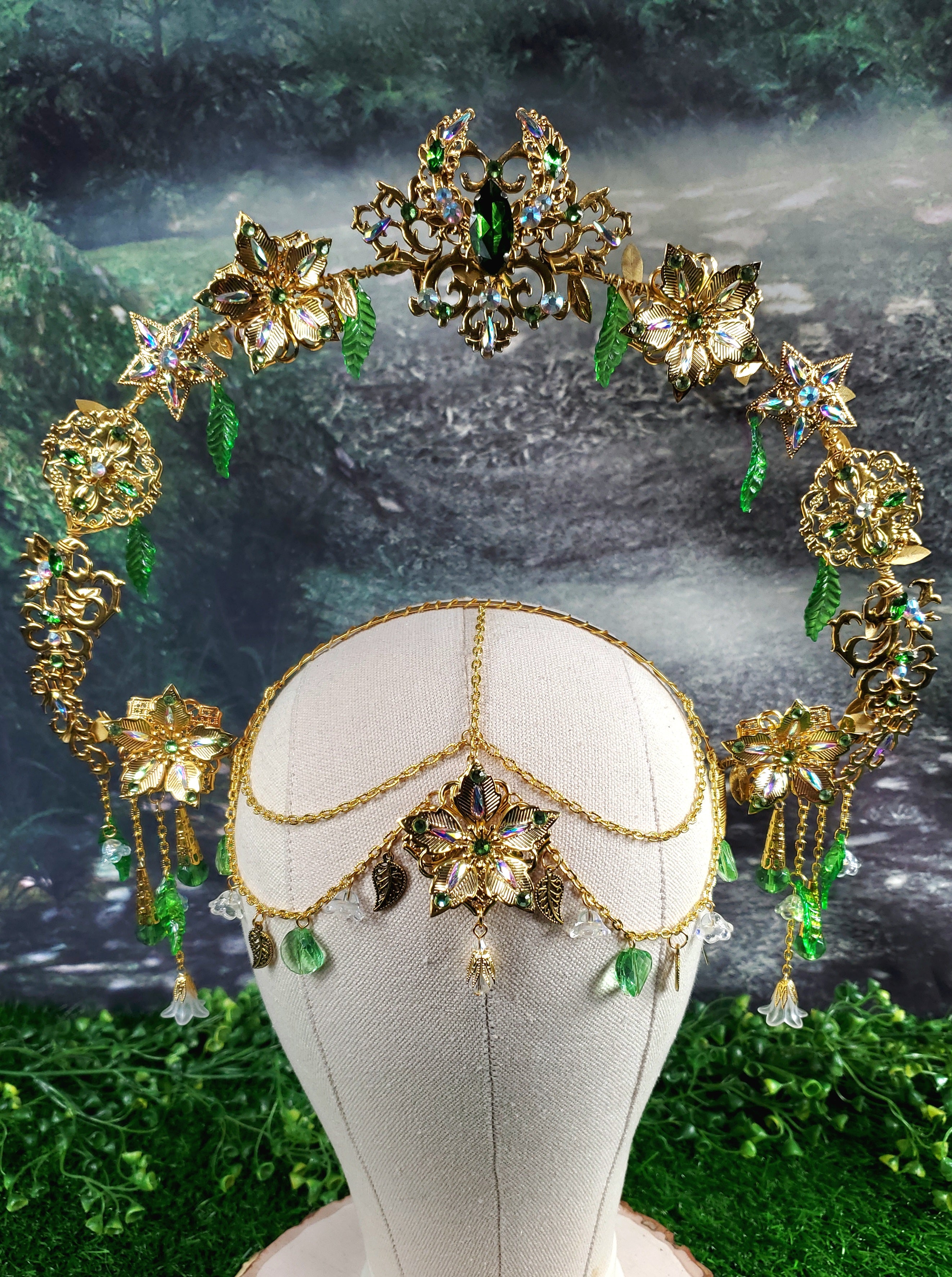 Goddess Of Spring - Gold and Green Jeweled Filigree Halo Headpiece