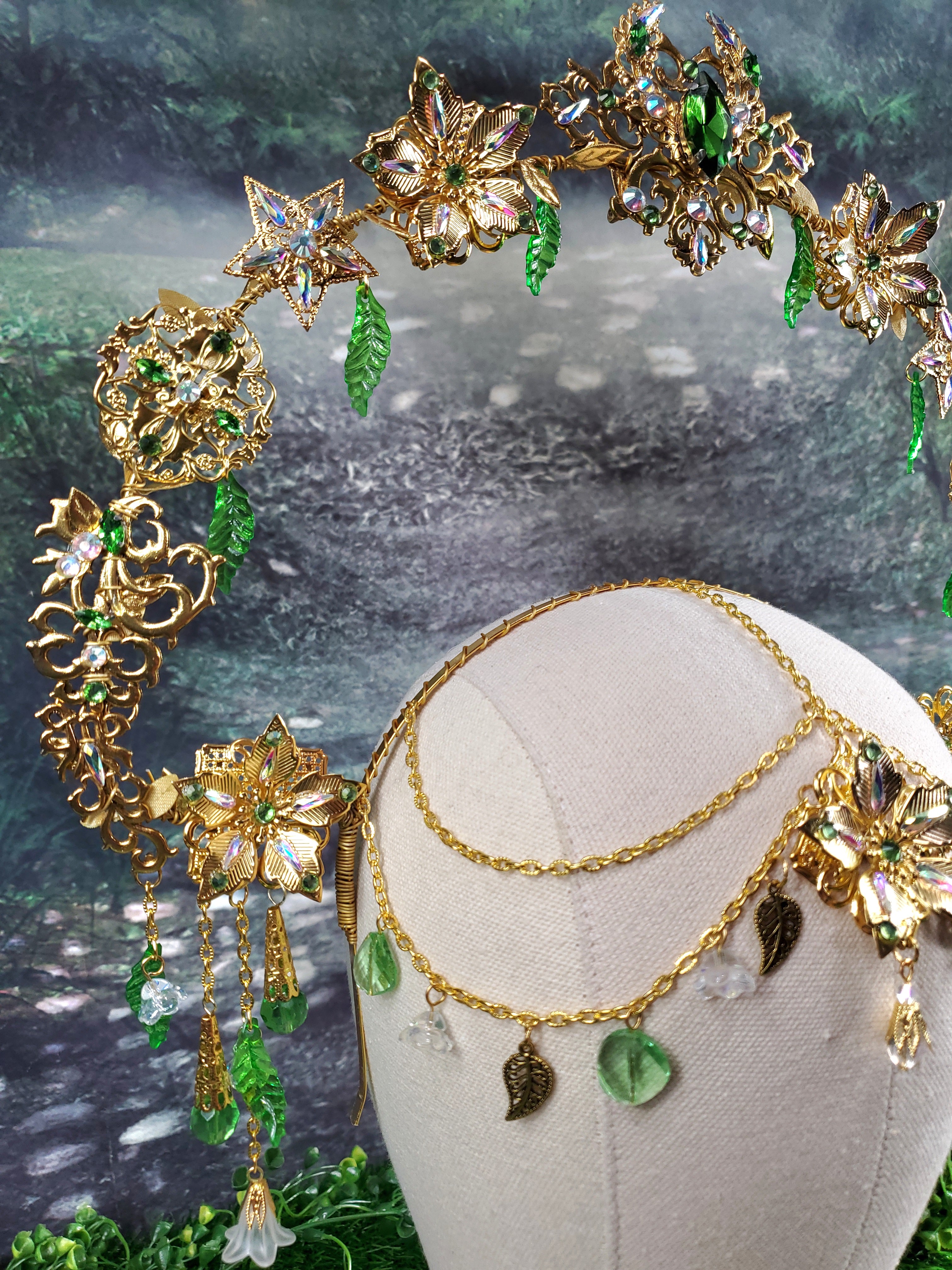 Goddess Of Spring - Gold and Green Jeweled Filigree Halo Headpiece