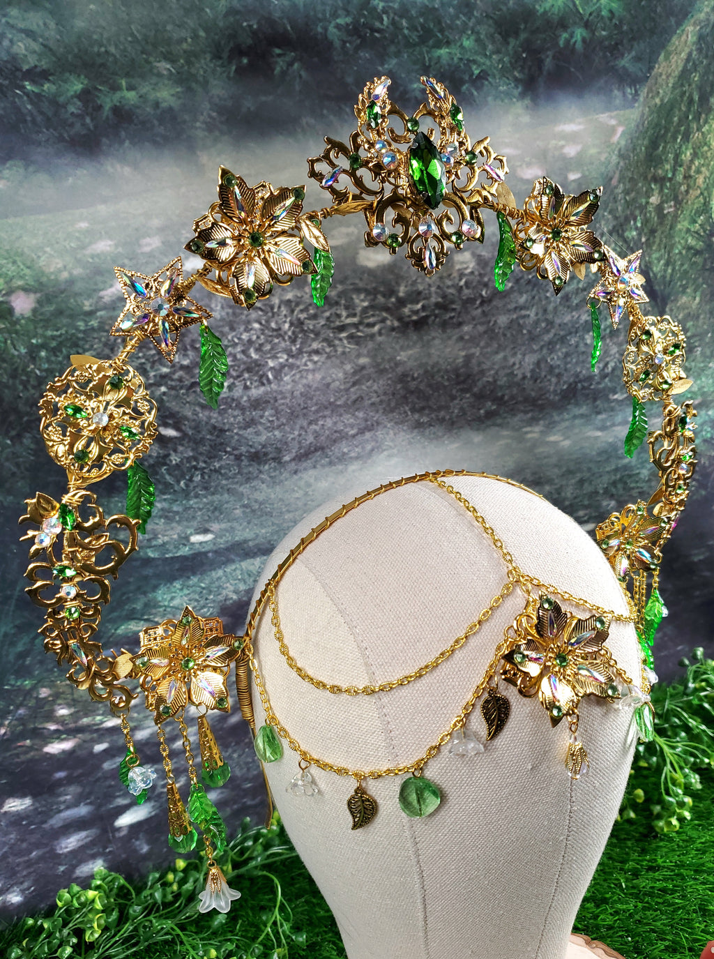 Goddess Of Spring - Gold and Green Jeweled Filigree Halo Headpiece