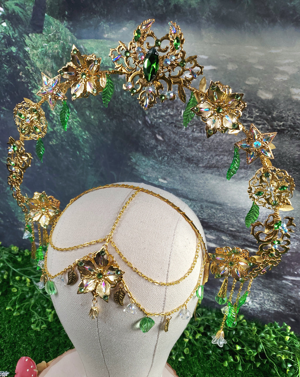Goddess Of Spring - Gold and Green Jeweled Filigree Halo Headpiece