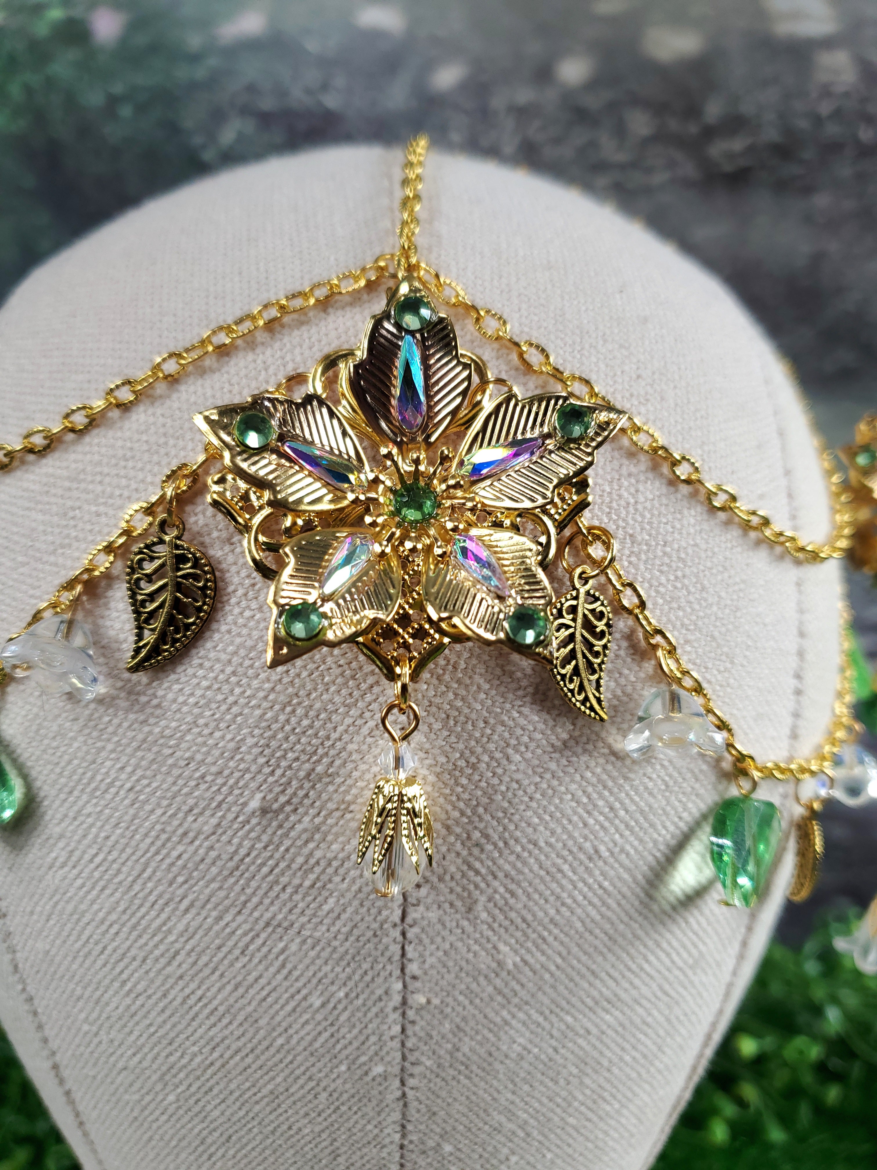 Goddess Of Spring - Gold and Green Jeweled Filigree Halo Headpiece