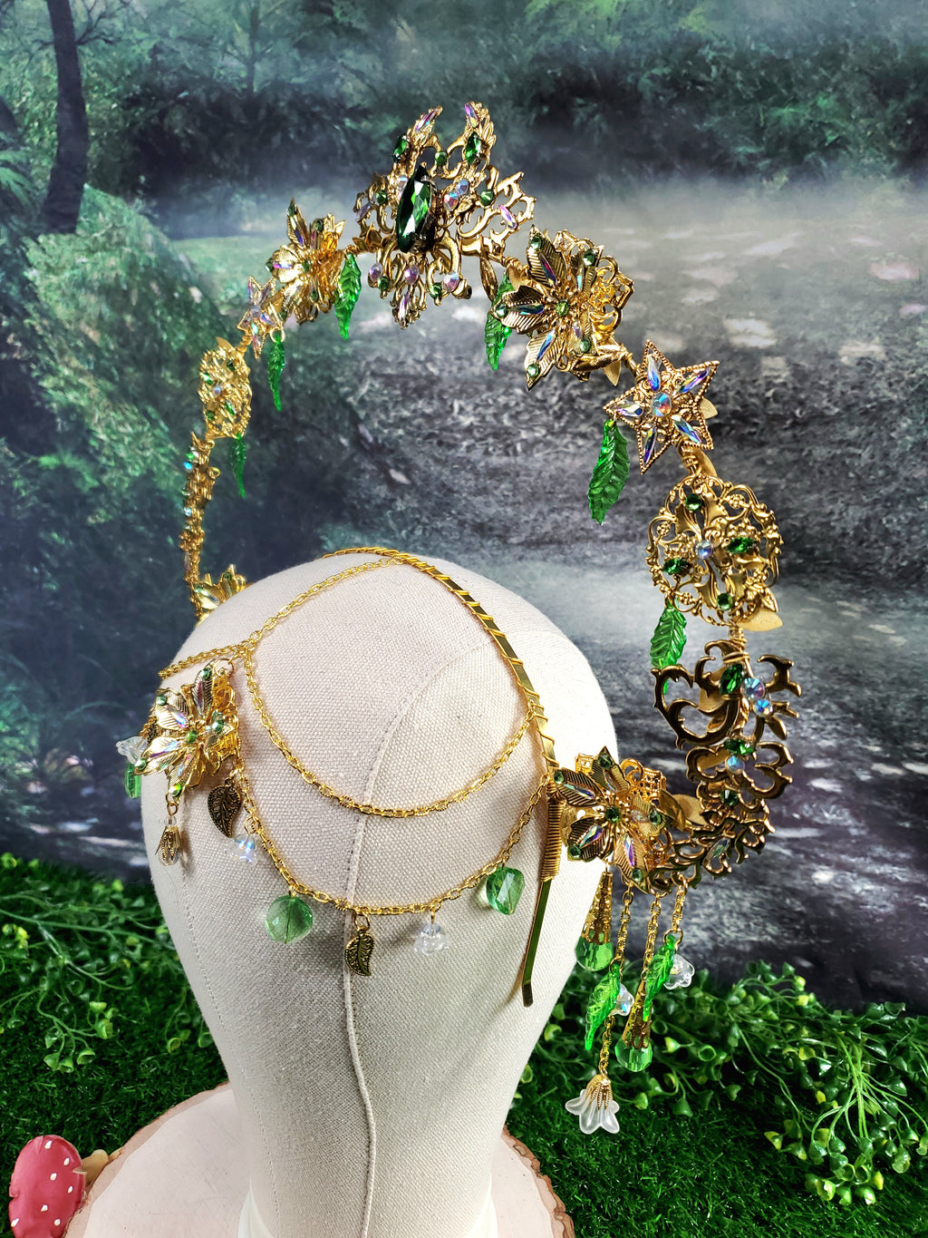 Goddess Of Spring - Gold and Green Jeweled Filigree Halo Headpiece