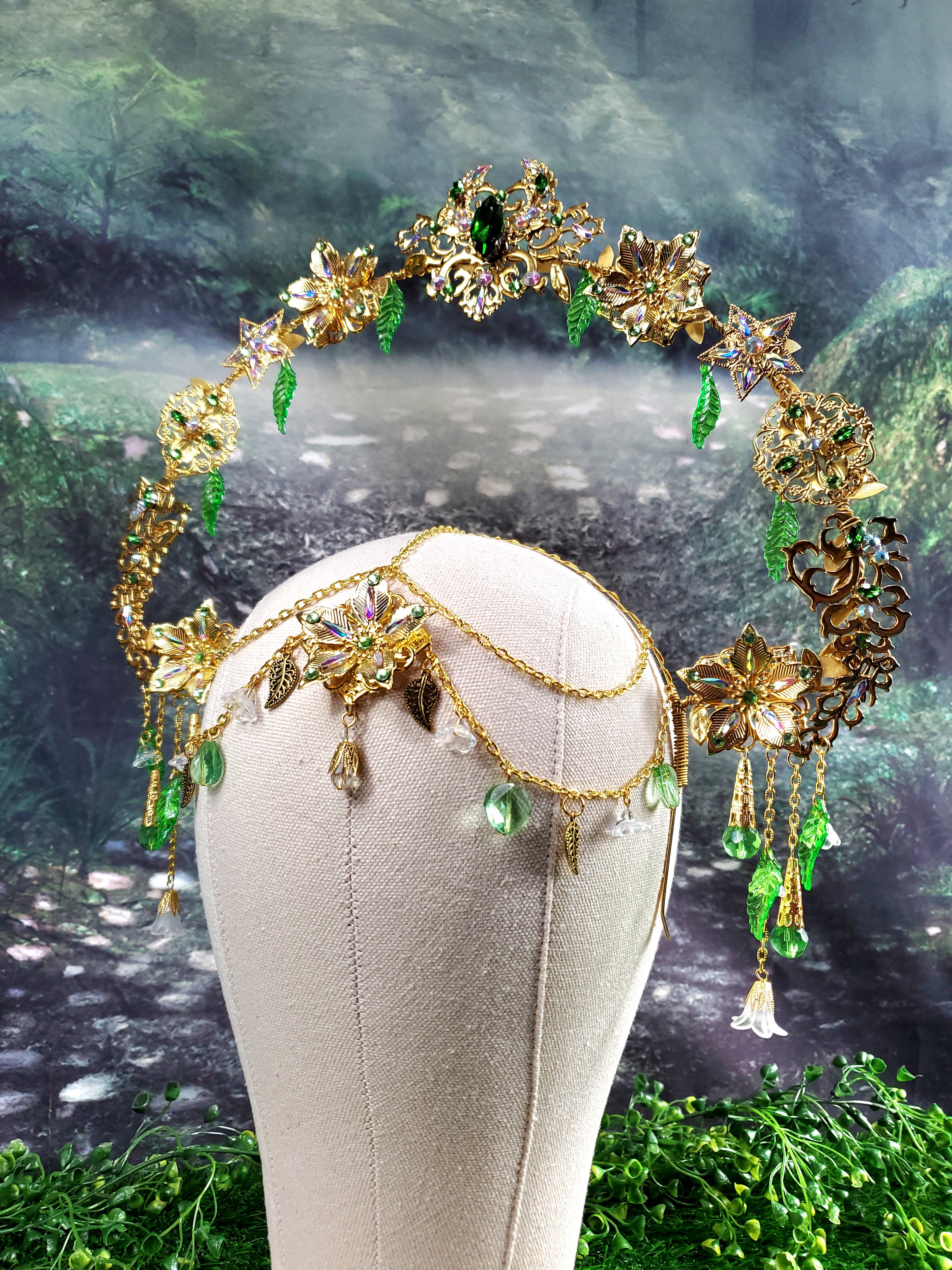 Goddess Of Spring - Gold and Green Jeweled Filigree Halo Headpiece