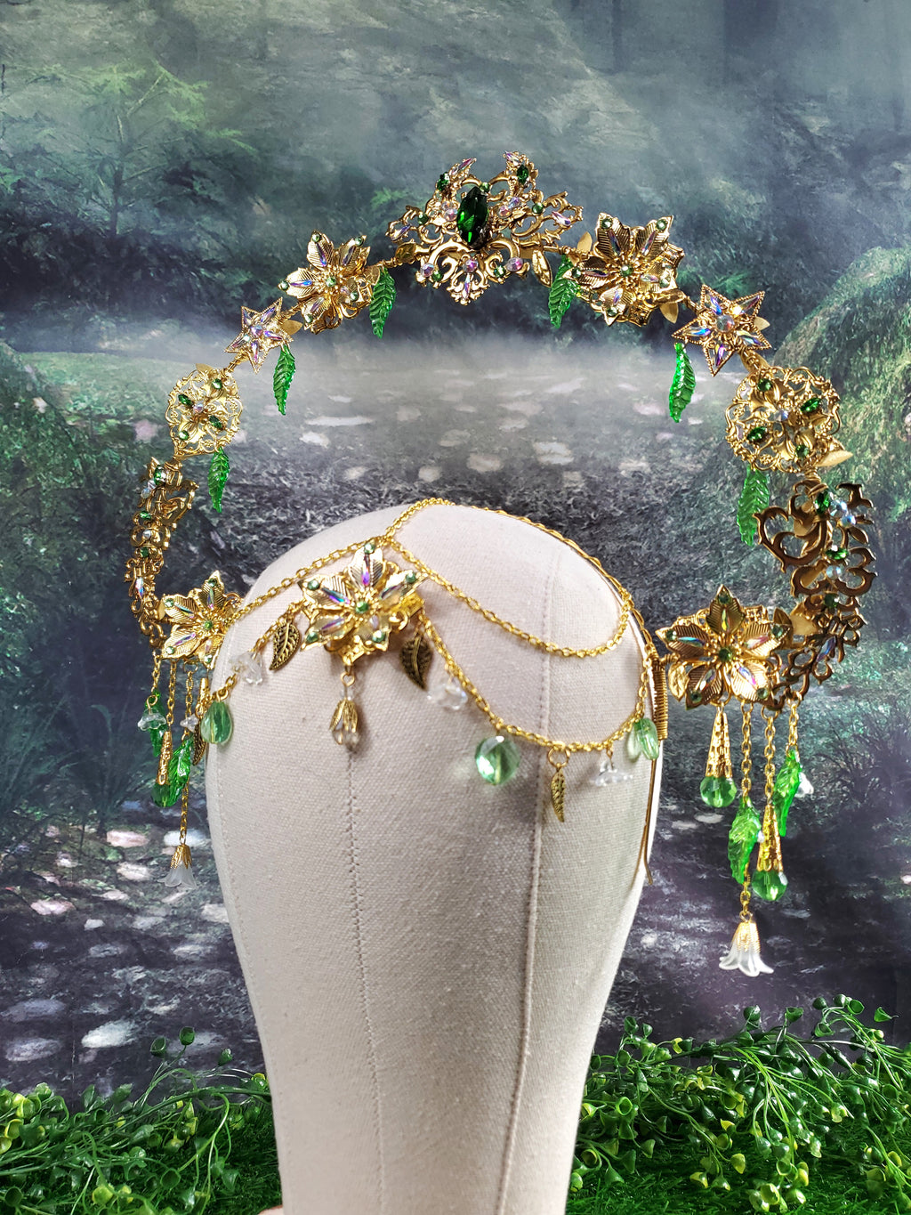 Goddess Of Spring - Gold and Green Jeweled Filigree Halo Headpiece