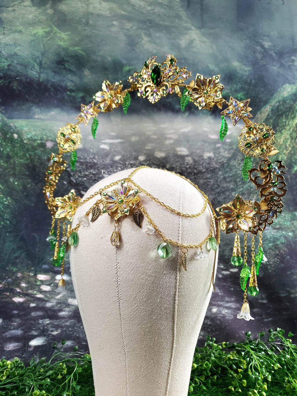 Goddess Of Spring - Gold and Green Jeweled Filigree Halo Headpiece