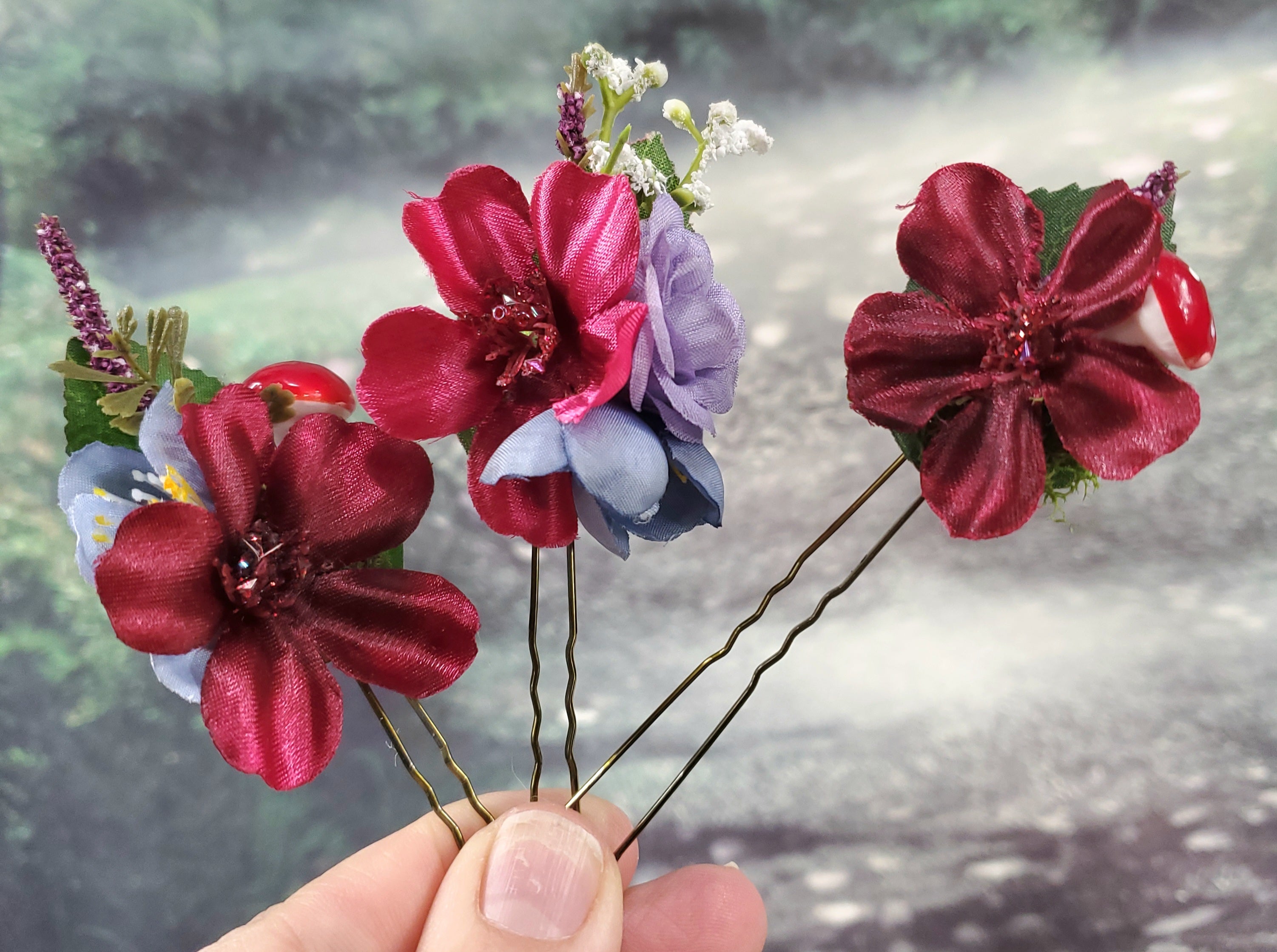 Dark Fuchsia and Violet Flower Hair pins- Set of 3