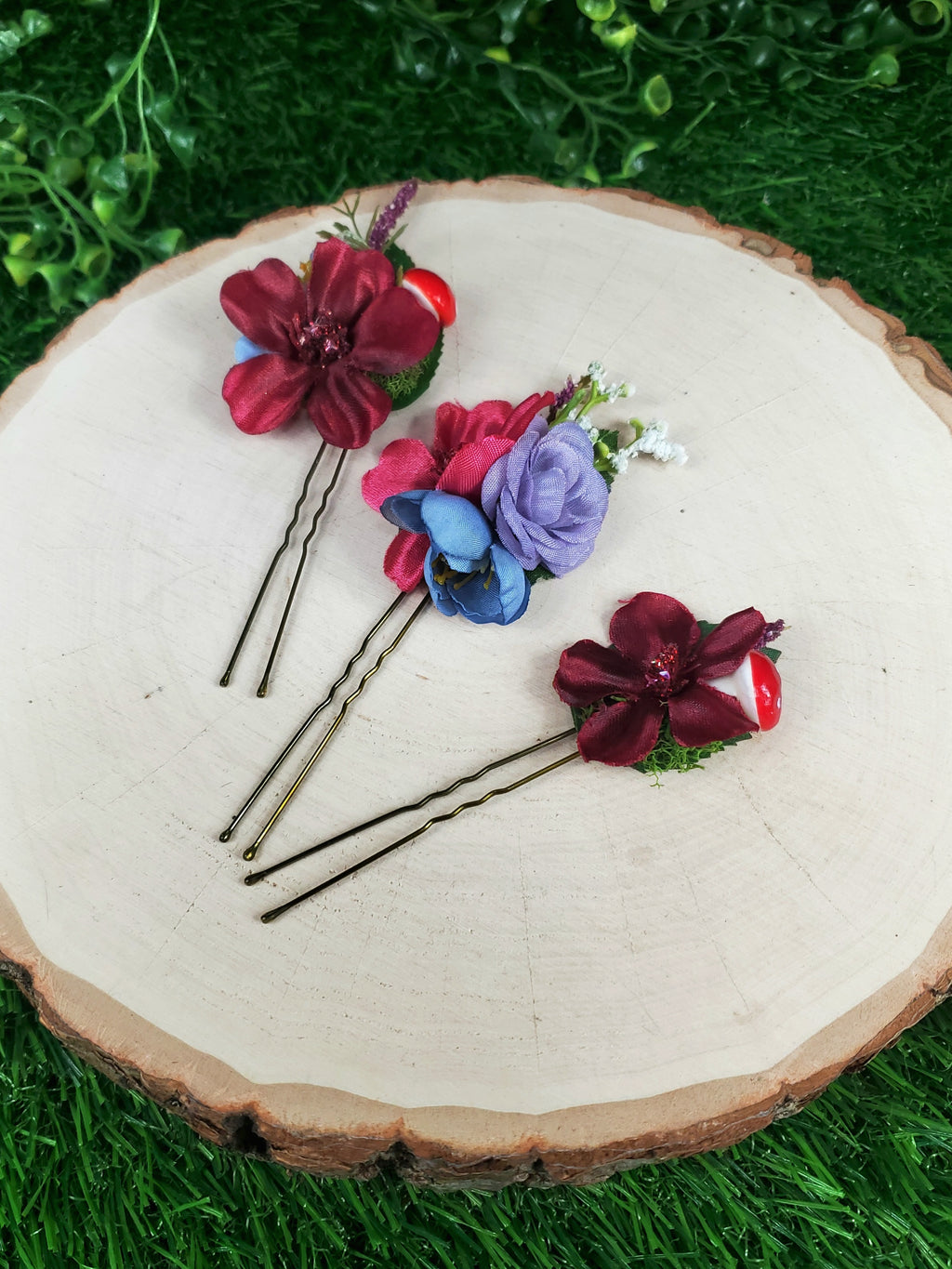 Dark Fuchsia and Violet Flower Hair pins- Set of 3