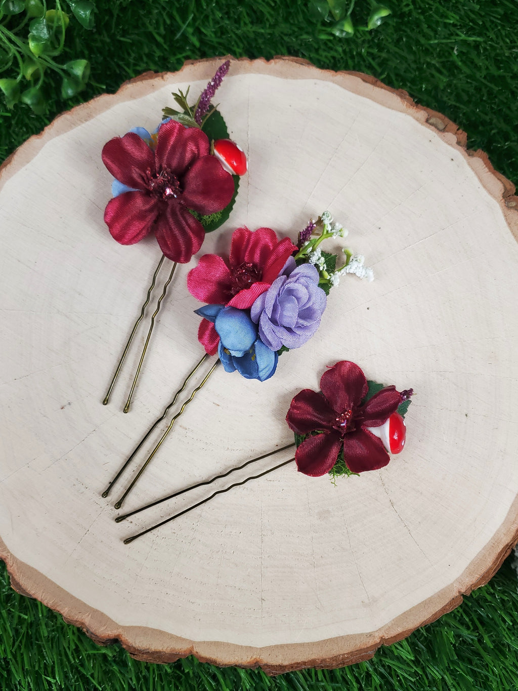 Dark Fuchsia and Violet Flower Hair pins- Set of 3