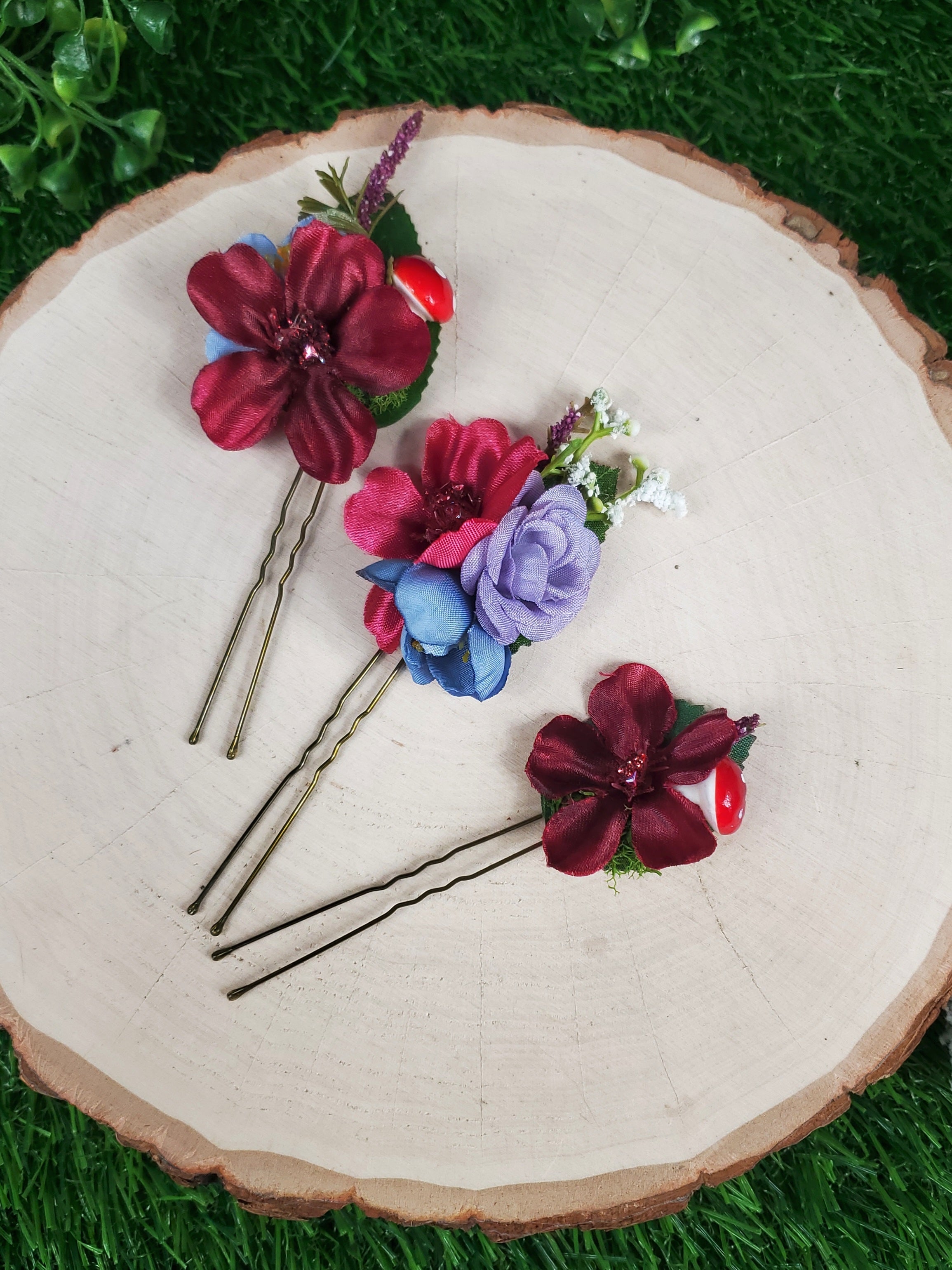 Dark Fuchsia and Violet Flower Hair pins- Set of 3