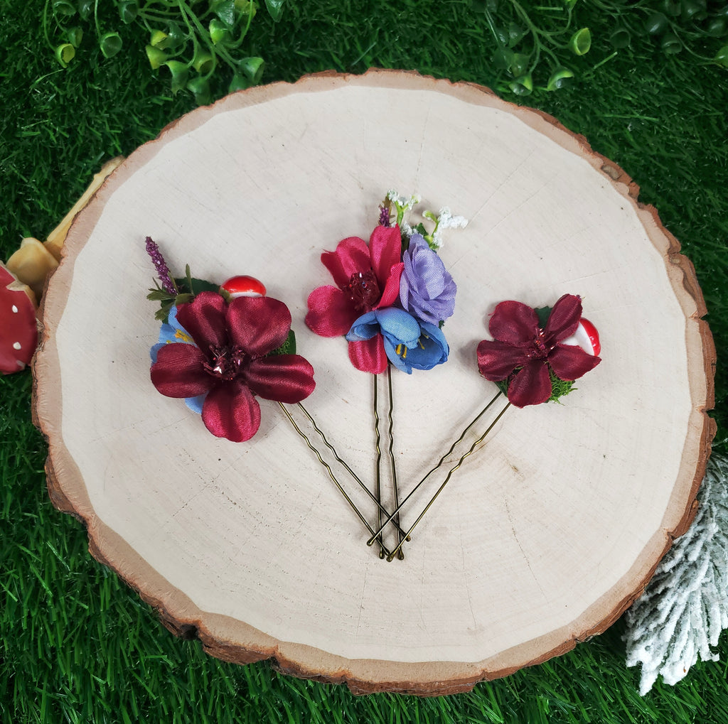 Dark Fuchsia and Violet Flower Hair pins- Set of 3