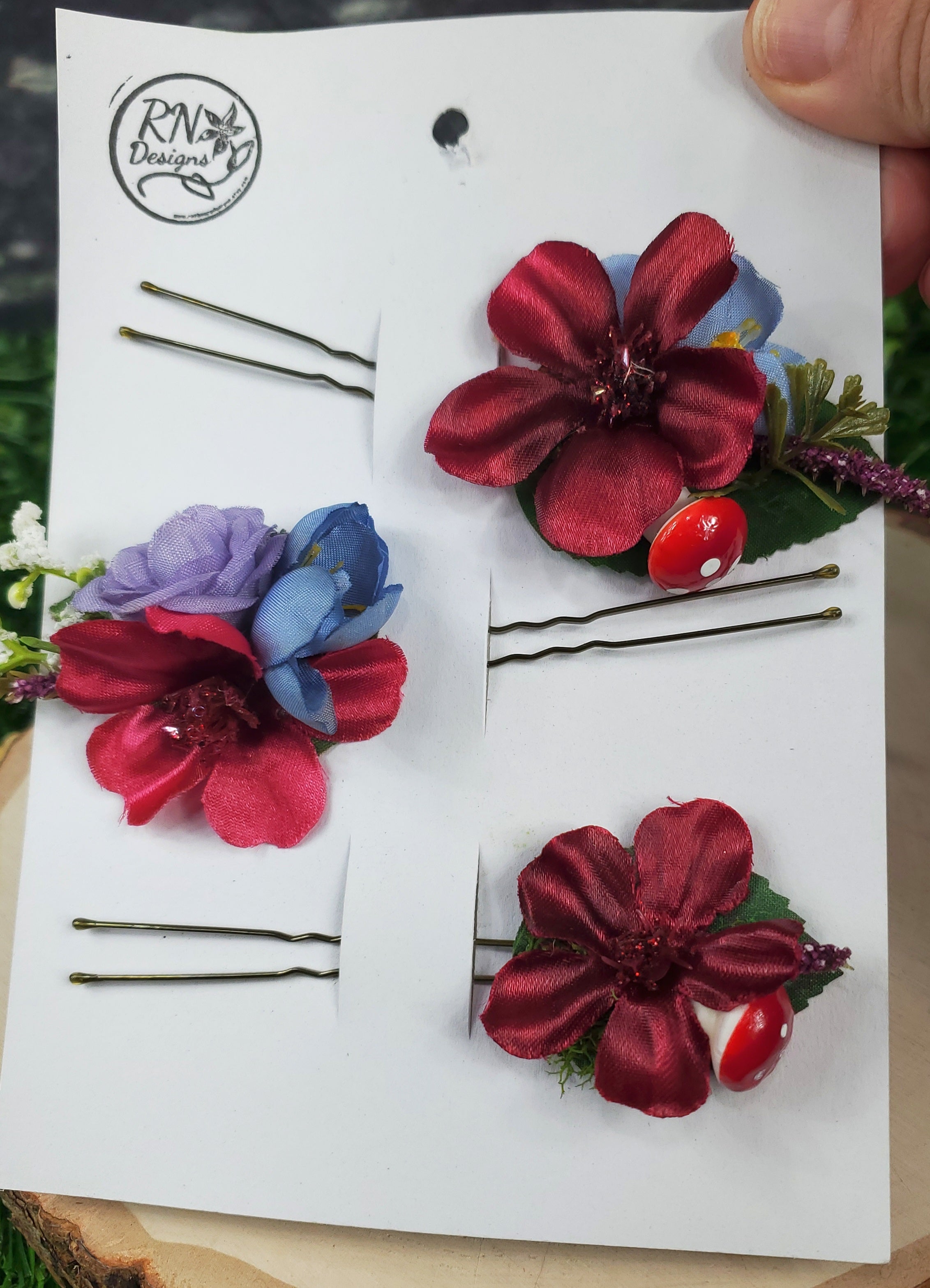 Dark Fuchsia and Violet Flower Hair pins- Set of 3