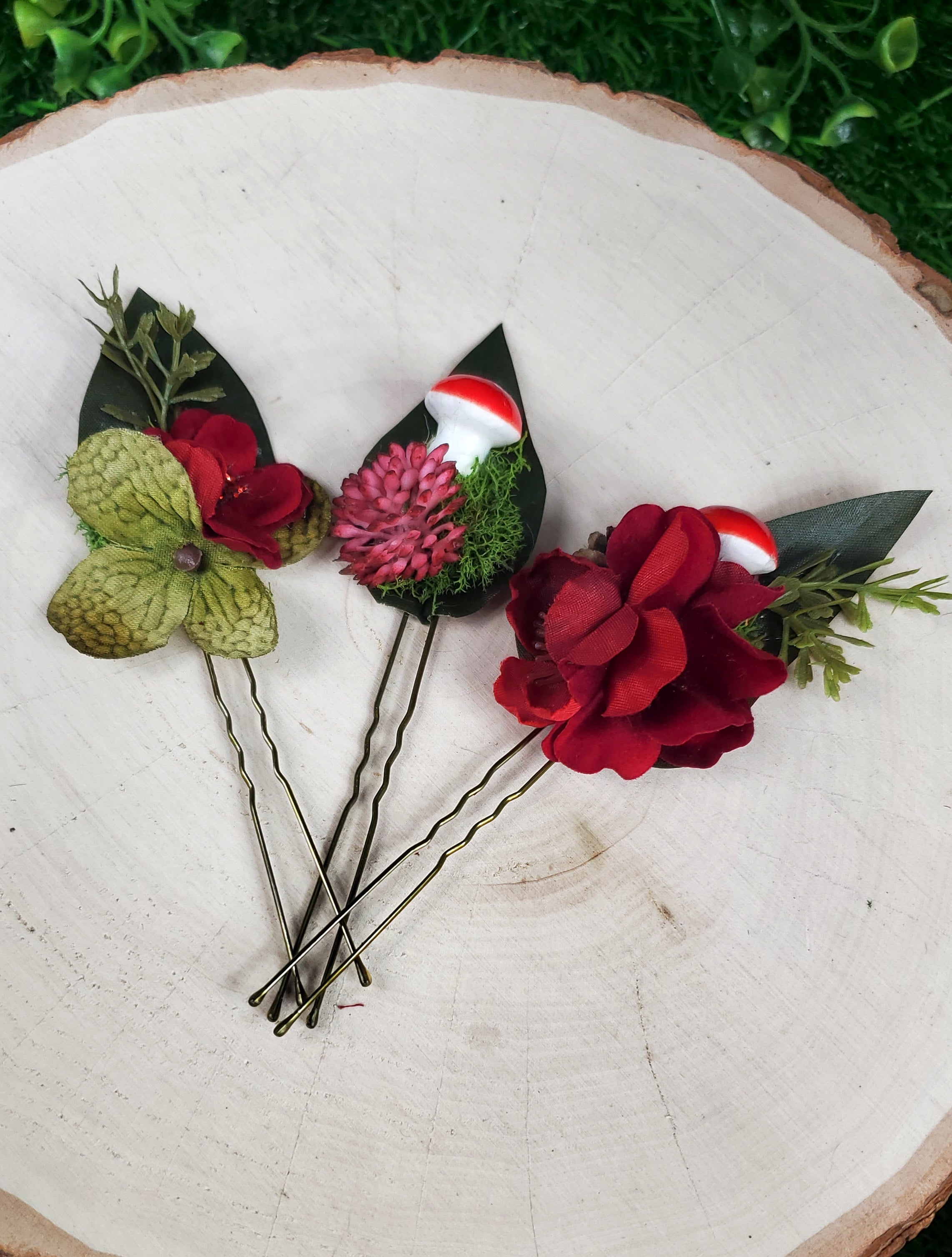 Green and Red Mushroom & Flower Hair pins- Set of 3