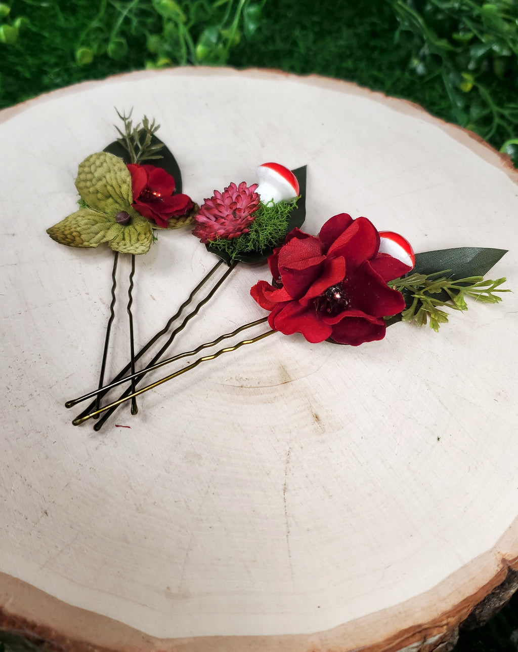 Green and Red Mushroom & Flower Hair pins- Set of 3