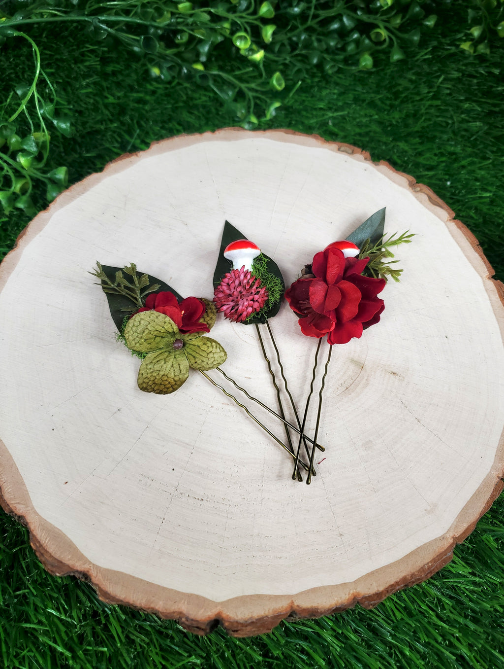 Green and Red Mushroom & Flower Hair pins- Set of 3