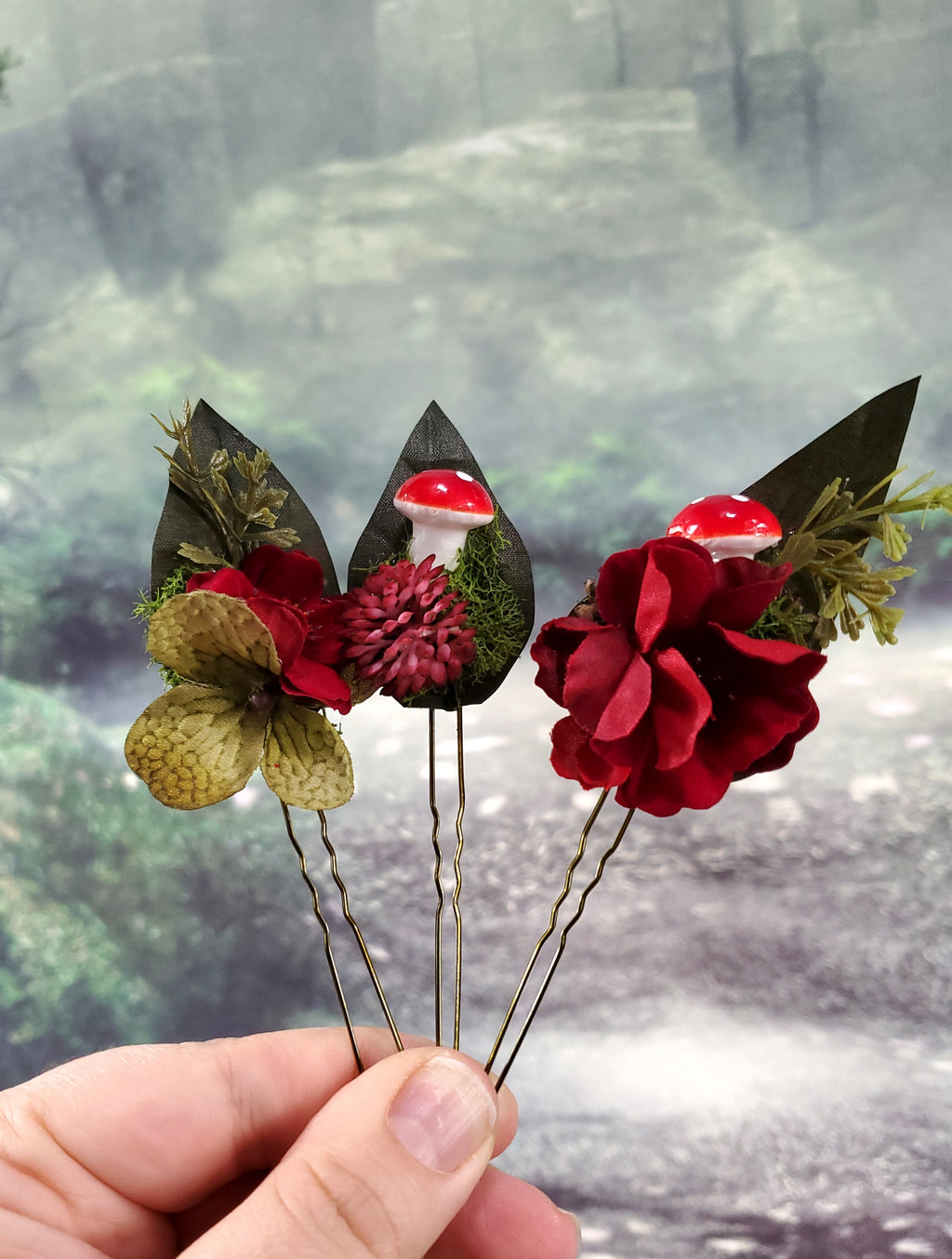 Green and Red Mushroom & Flower Hair pins- Set of 3