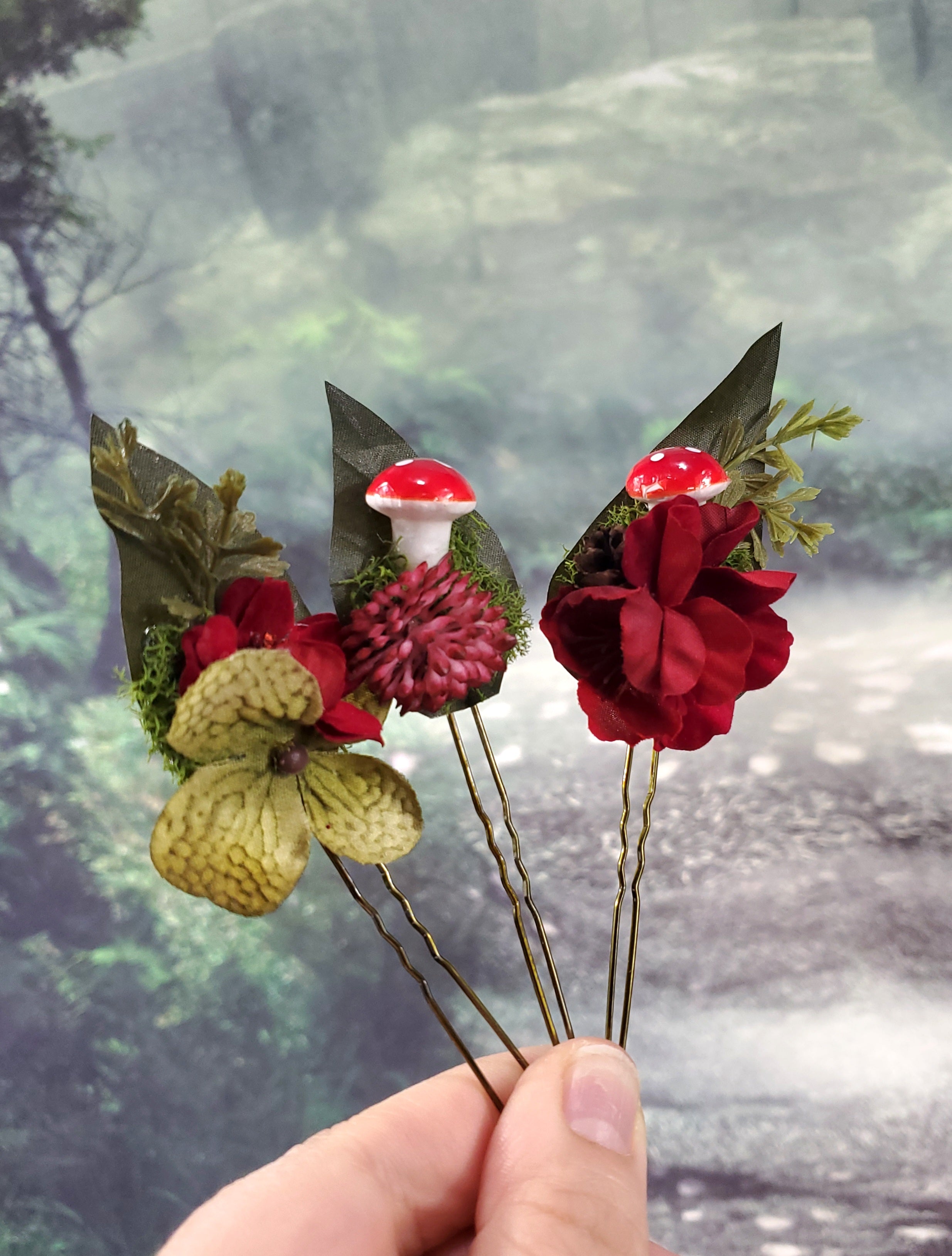 Green and Red Mushroom & Flower Hair pins- Set of 3