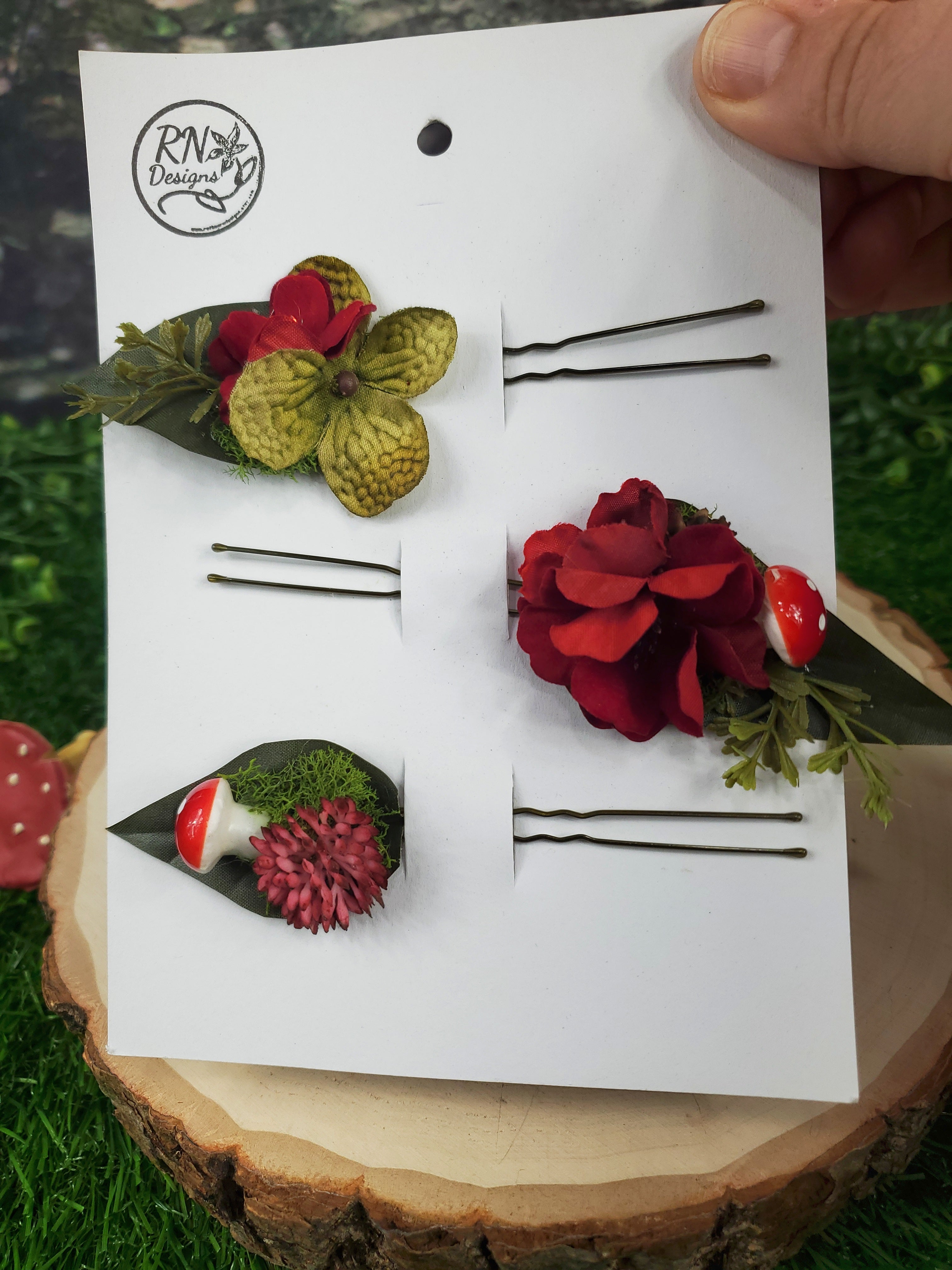 Green and Red Mushroom & Flower Hair pins- Set of 3