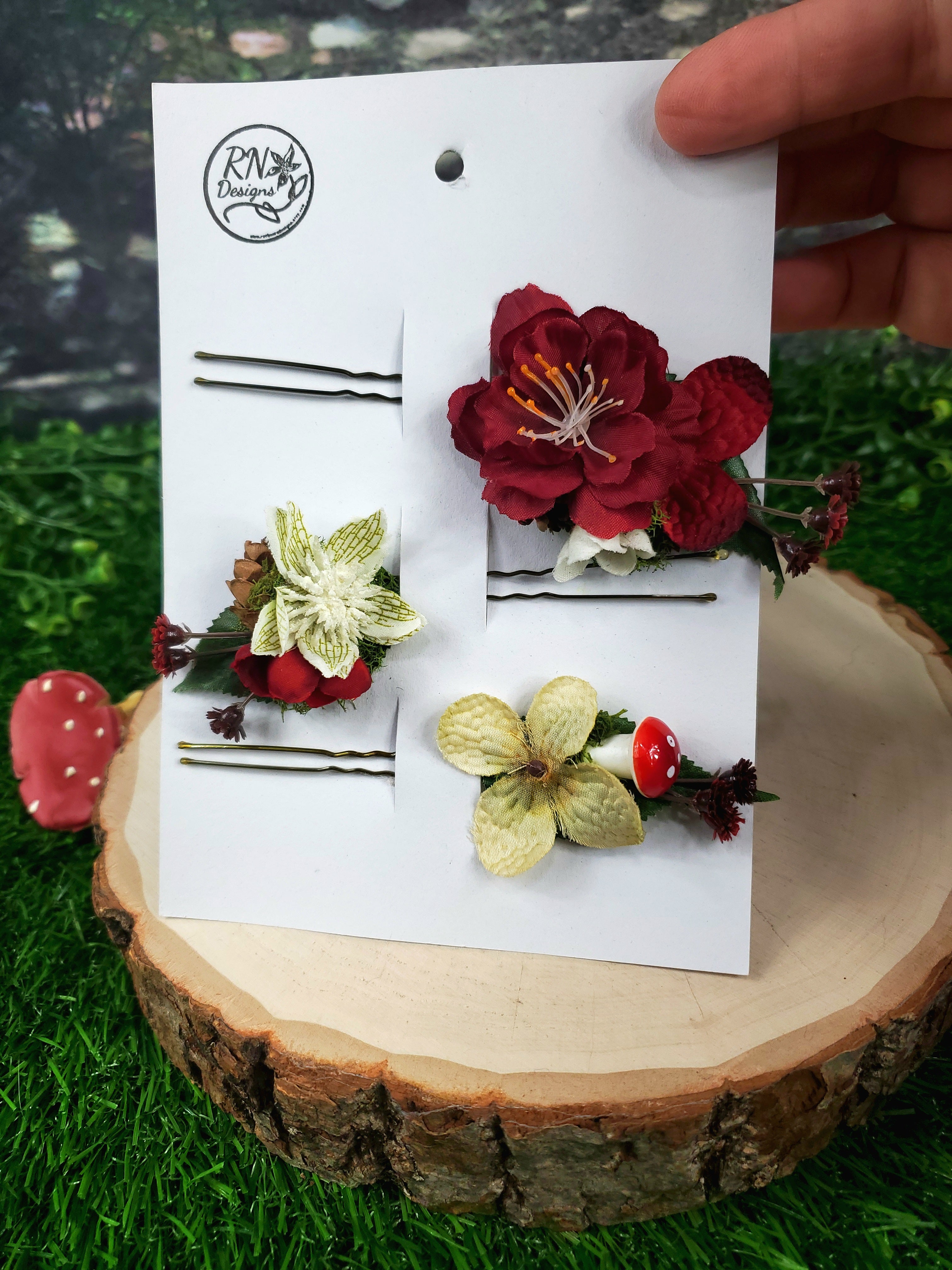 Red and White Floral Hair pins- Set of 3