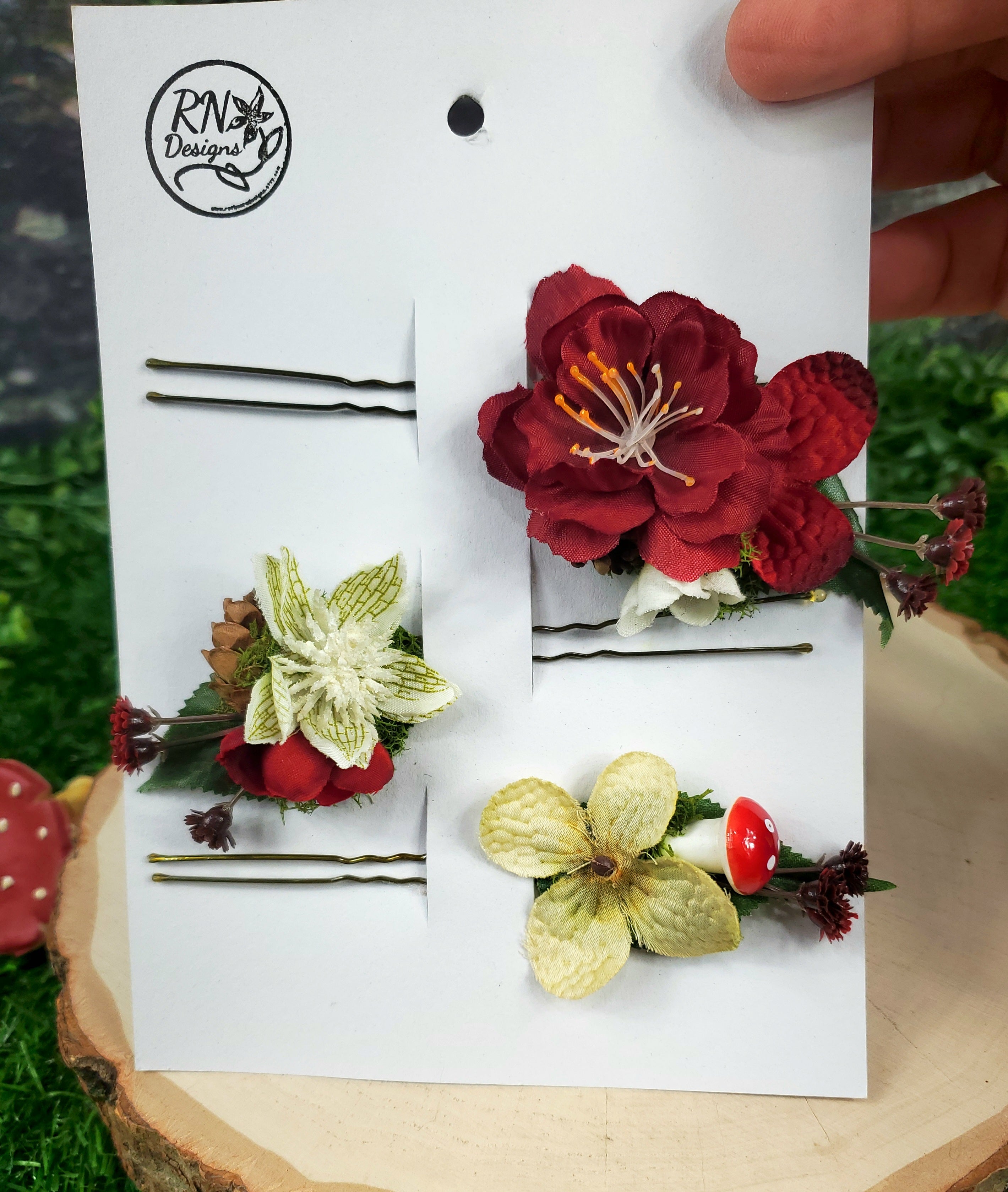 Red and White Floral Hair pins- Set of 3