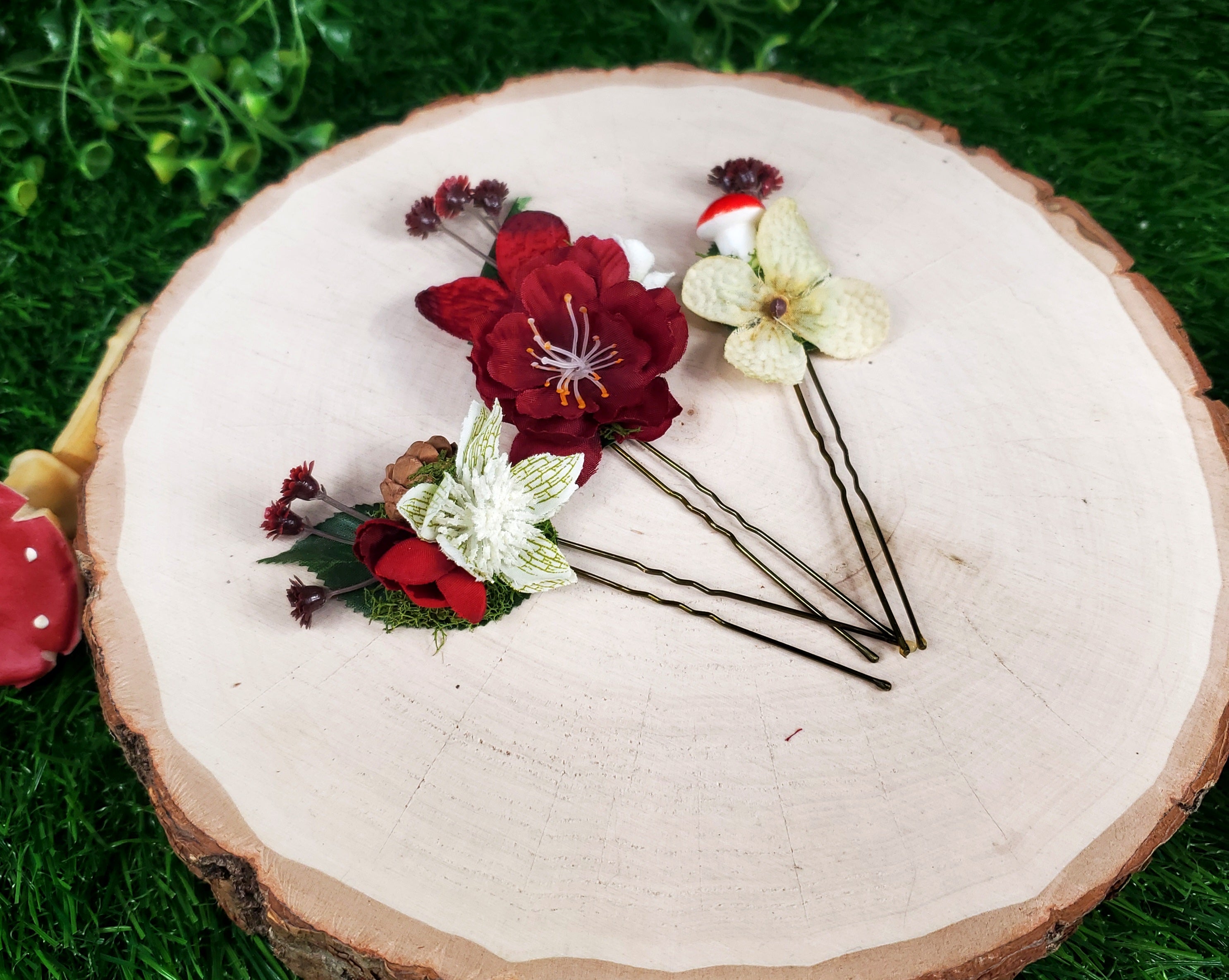 Red and White Floral Hair pins- Set of 3