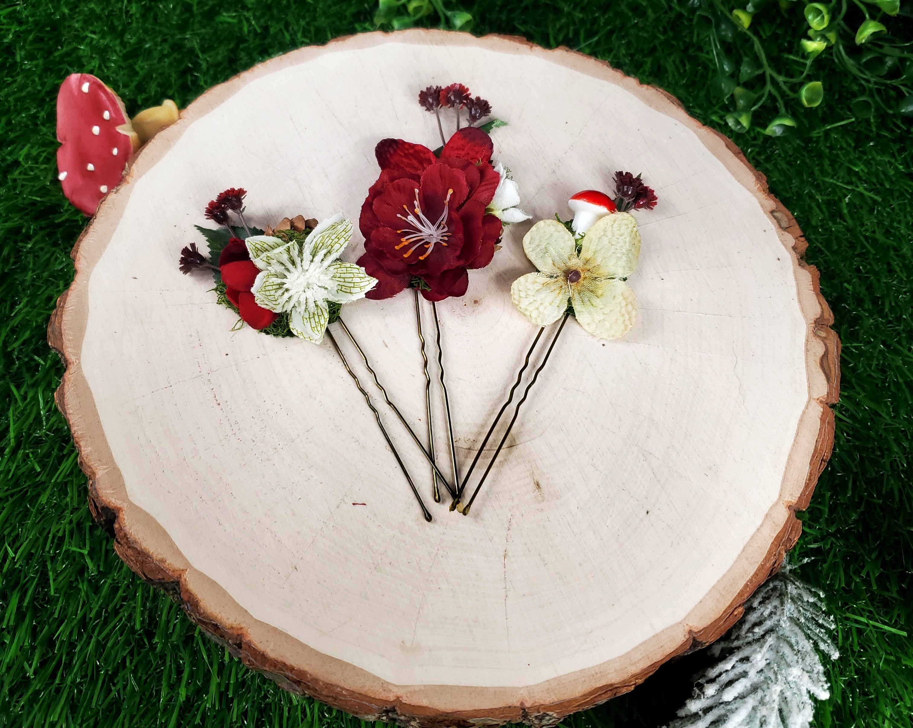 Red and White Floral Hair pins- Set of 3