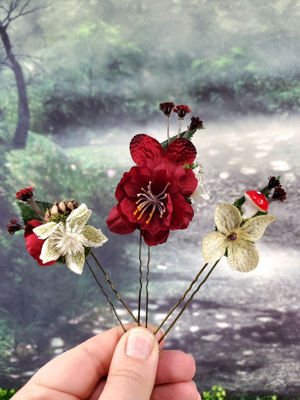 Red and White Floral Hair pins- Set of 3