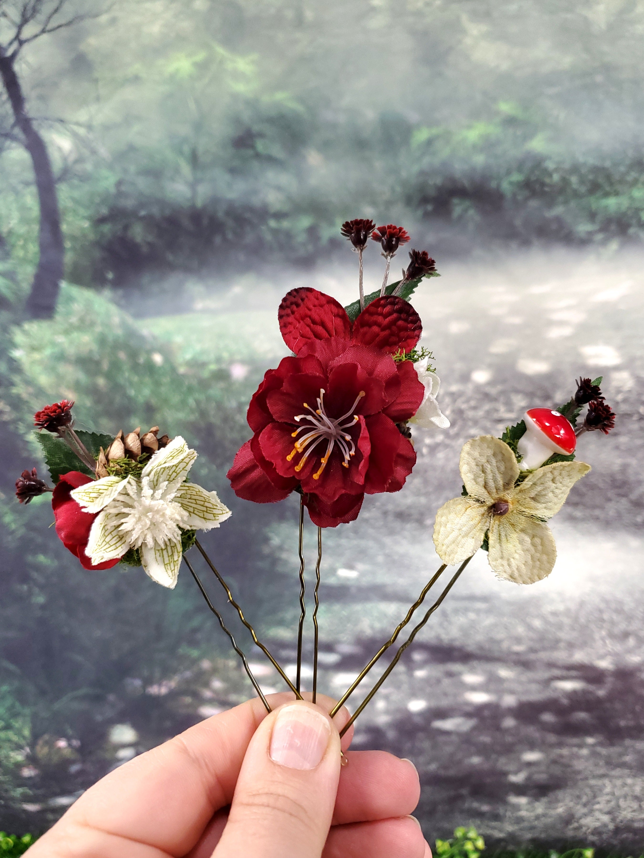 Red and White Floral Hair pins- Set of 3