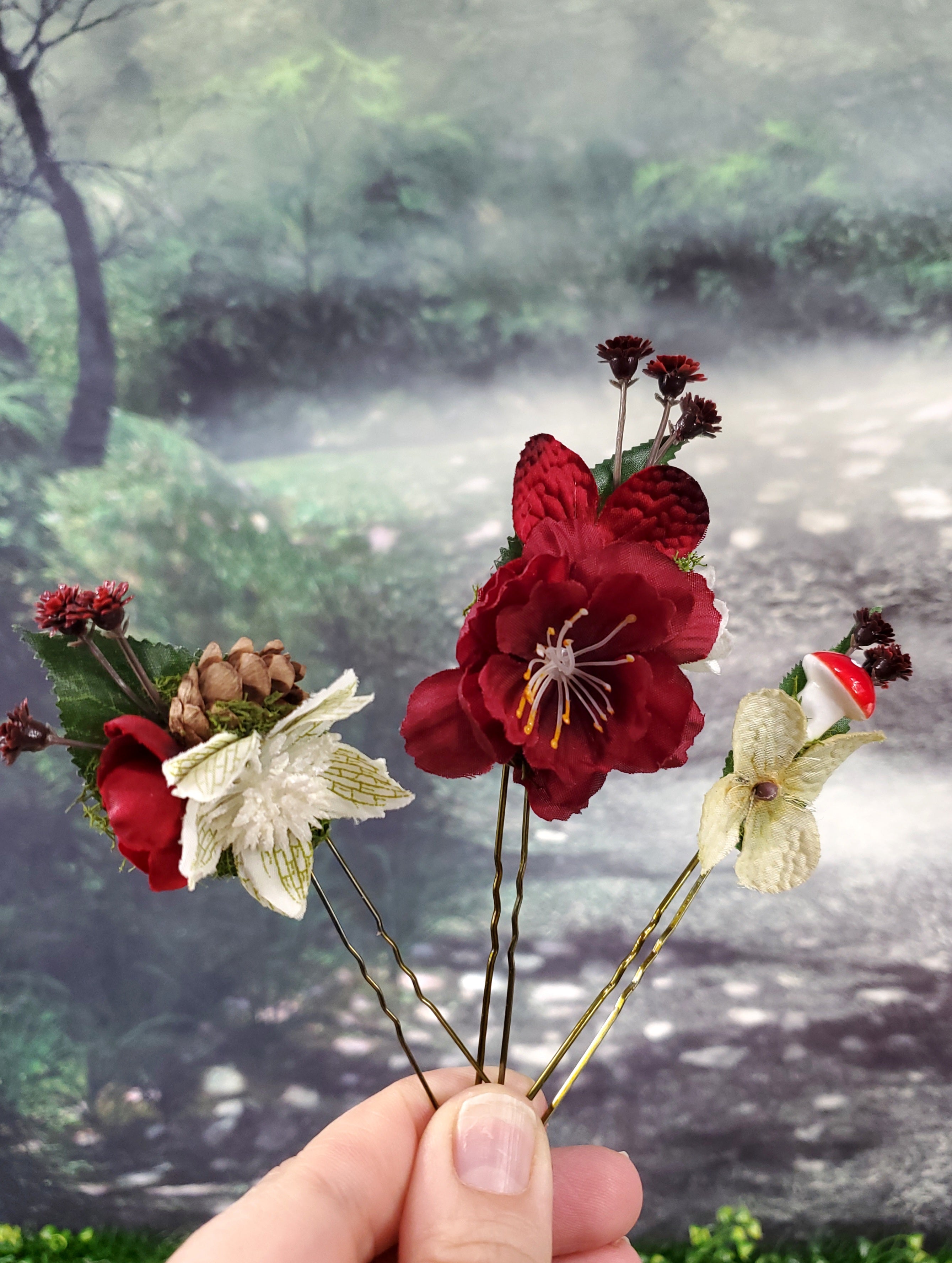 Red and White Floral Hair pins- Set of 3
