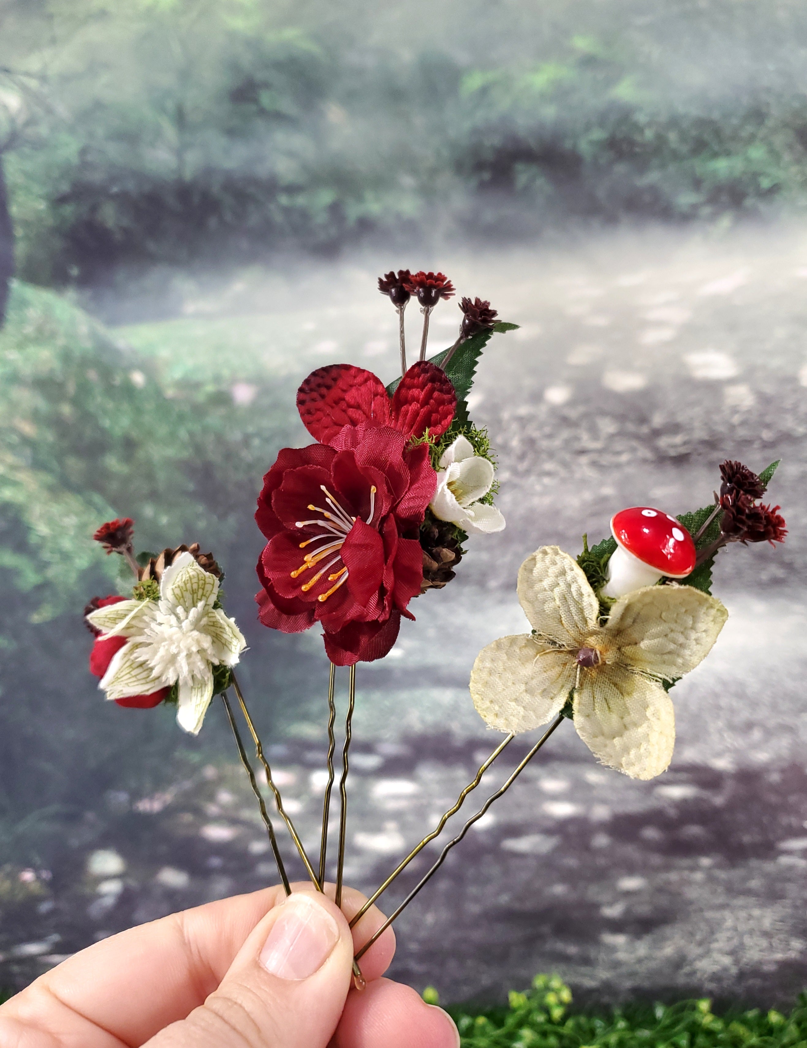 Red and White Floral Hair pins- Set of 3