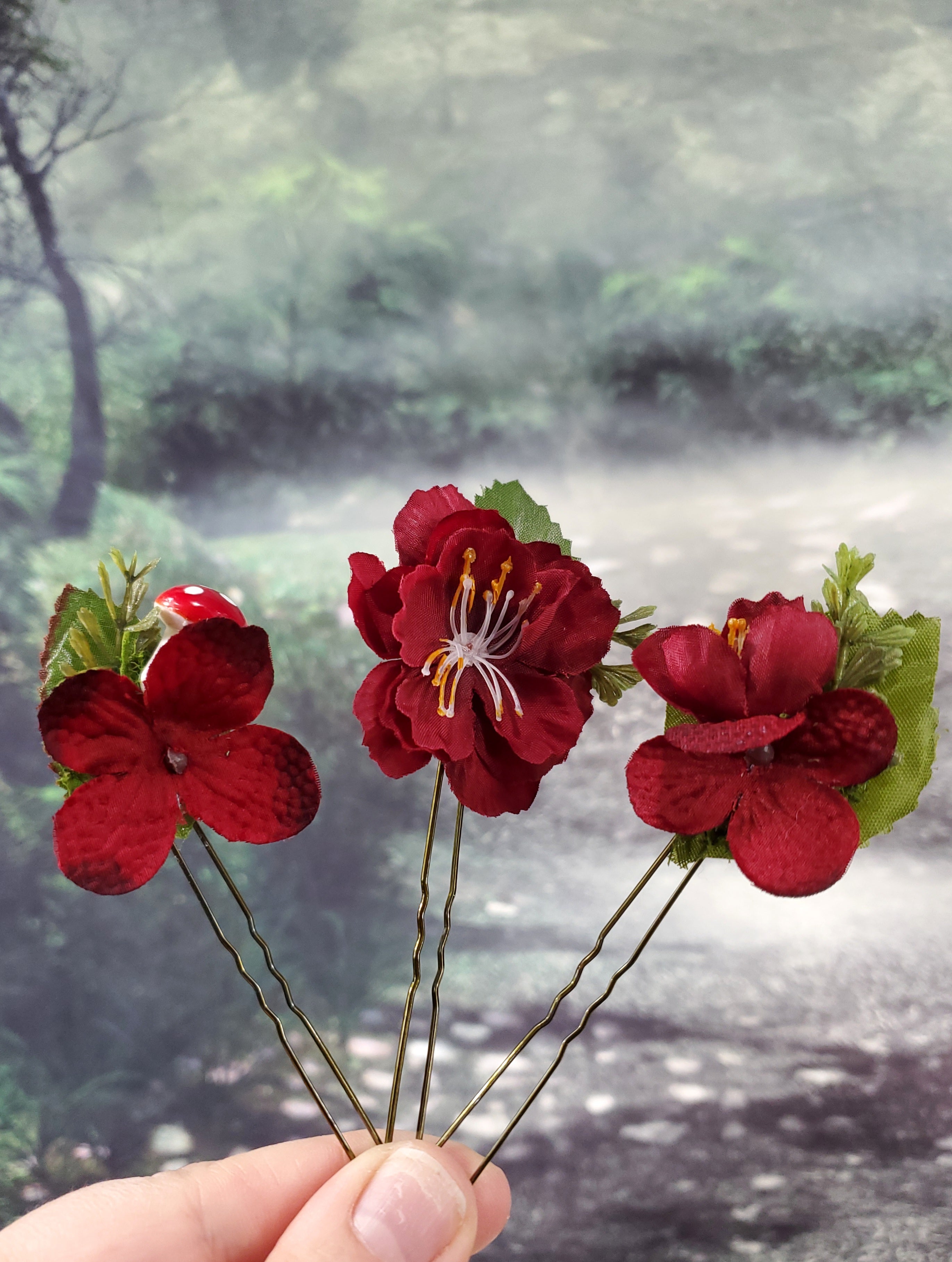 Red and Green Floral Hair pins- Set of 3