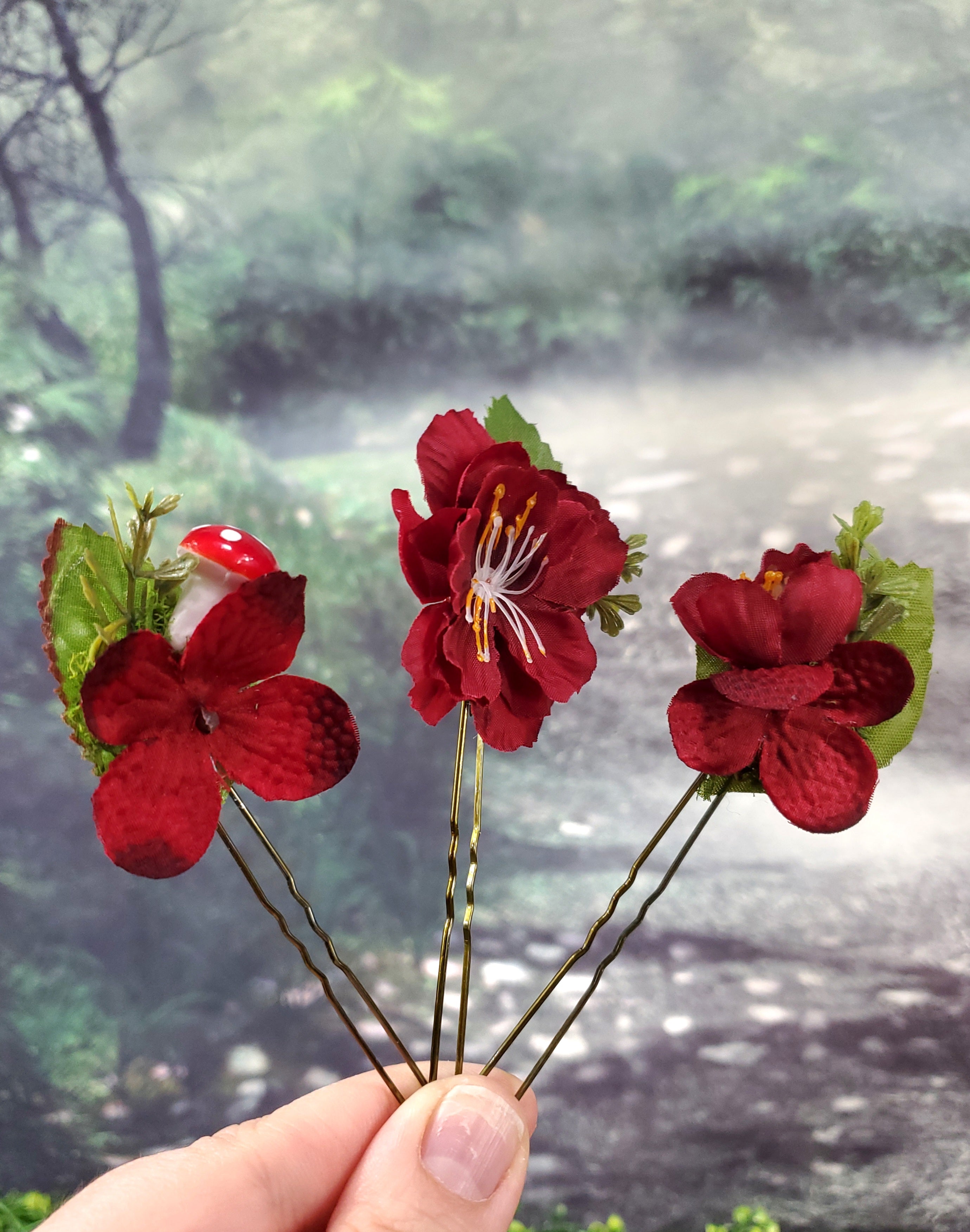 Red and Green Floral Hair pins- Set of 3