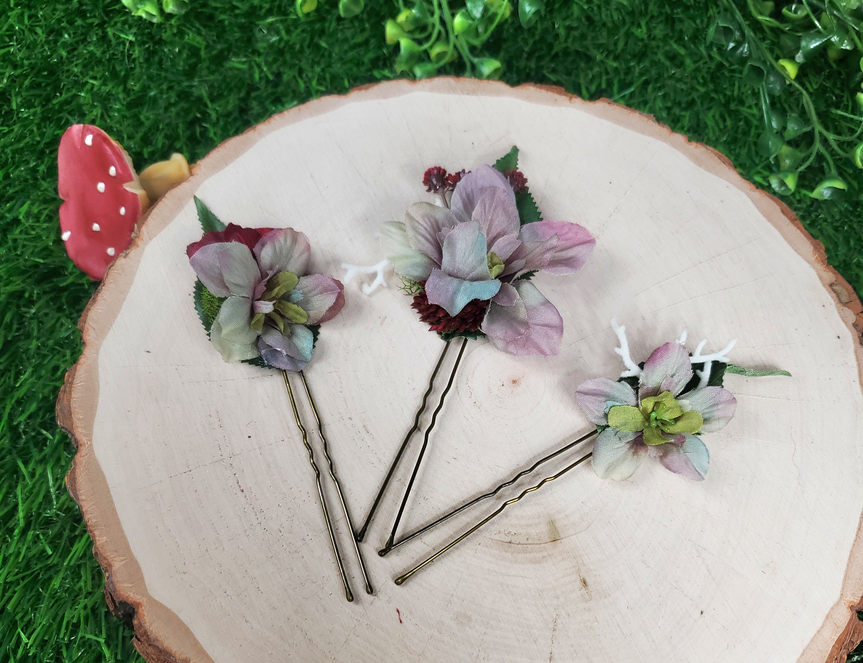 Greyish Lavender Floral Hair pins- Set of 3