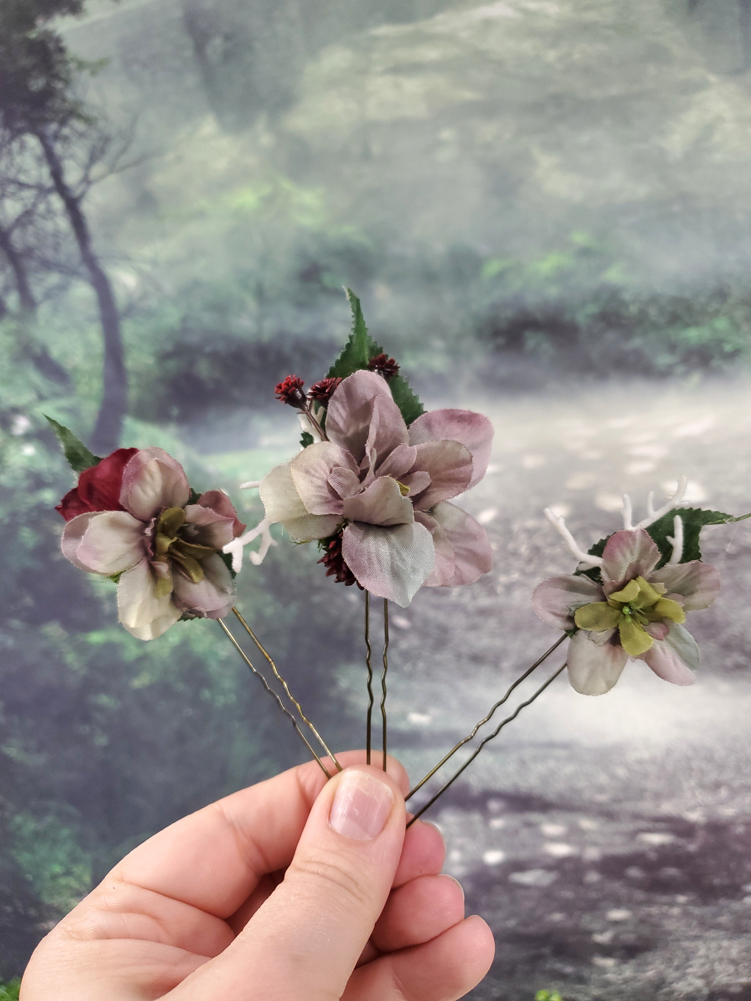 Greyish Lavender Floral Hair pins- Set of 3