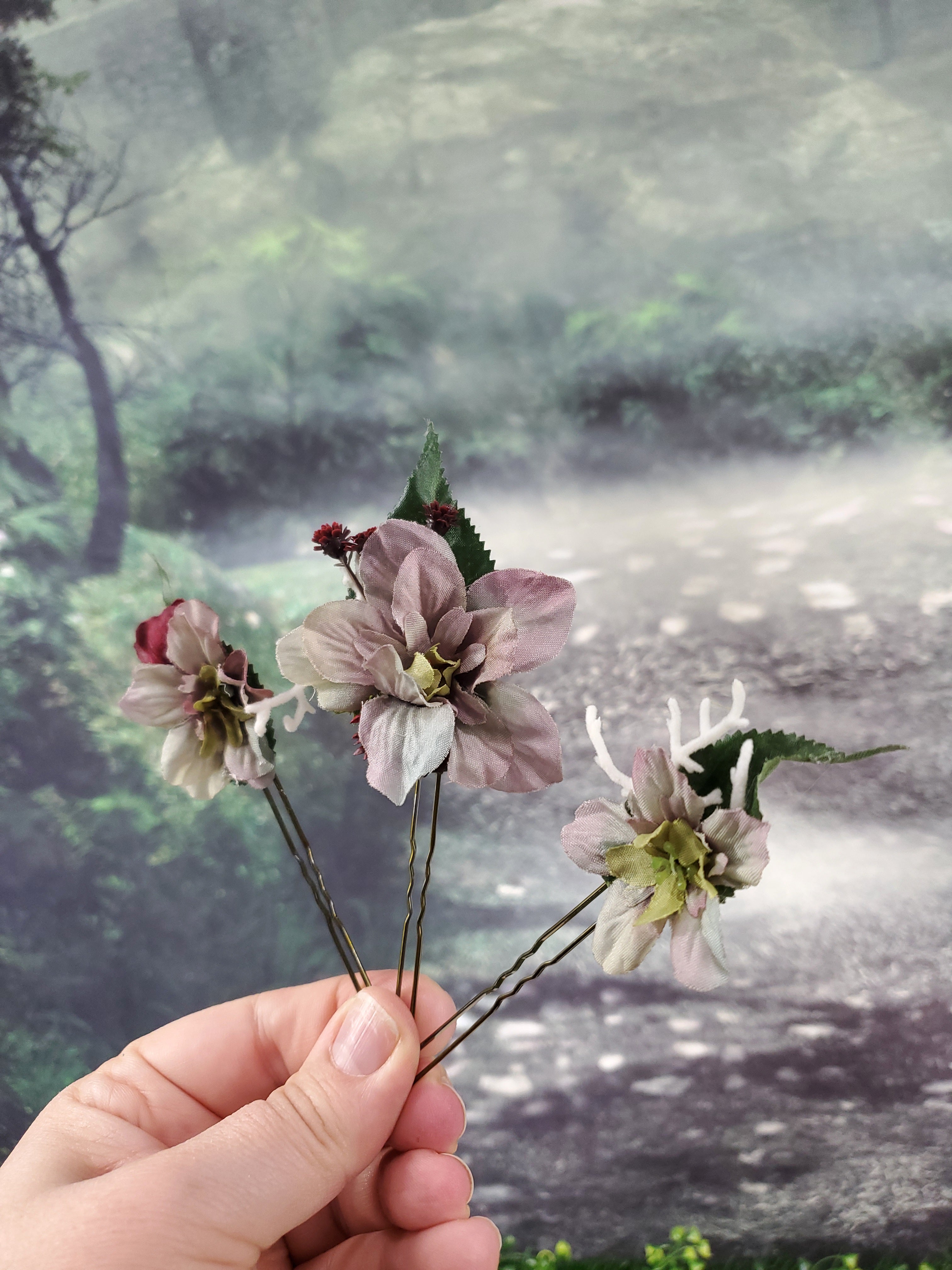 Greyish Lavender Floral Hair pins- Set of 3