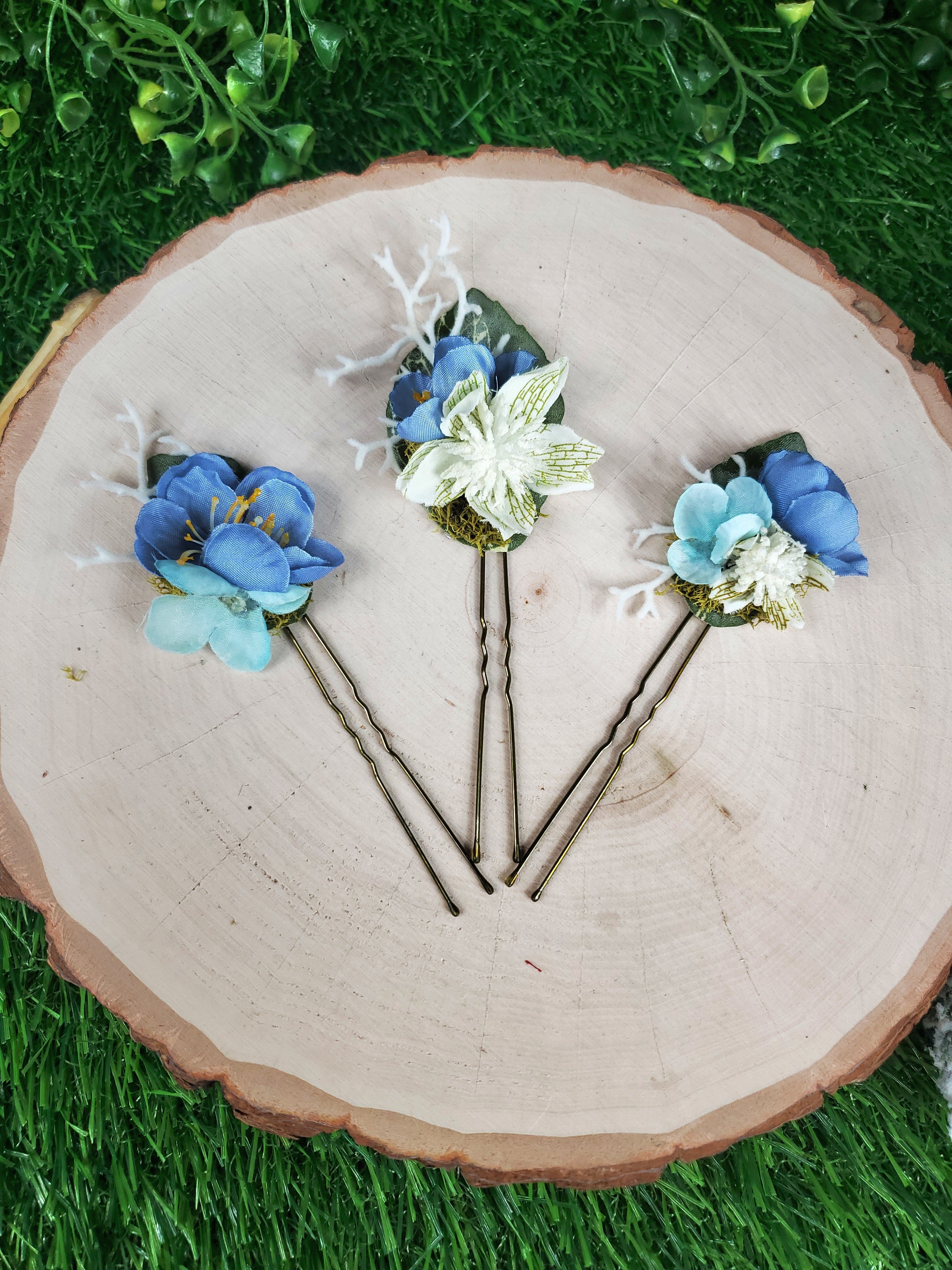 Blue and White Floral Hair pins- Set of 3