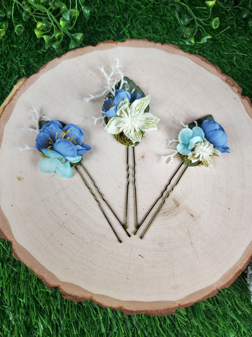 Blue and White Floral Hair pins- Set of 3