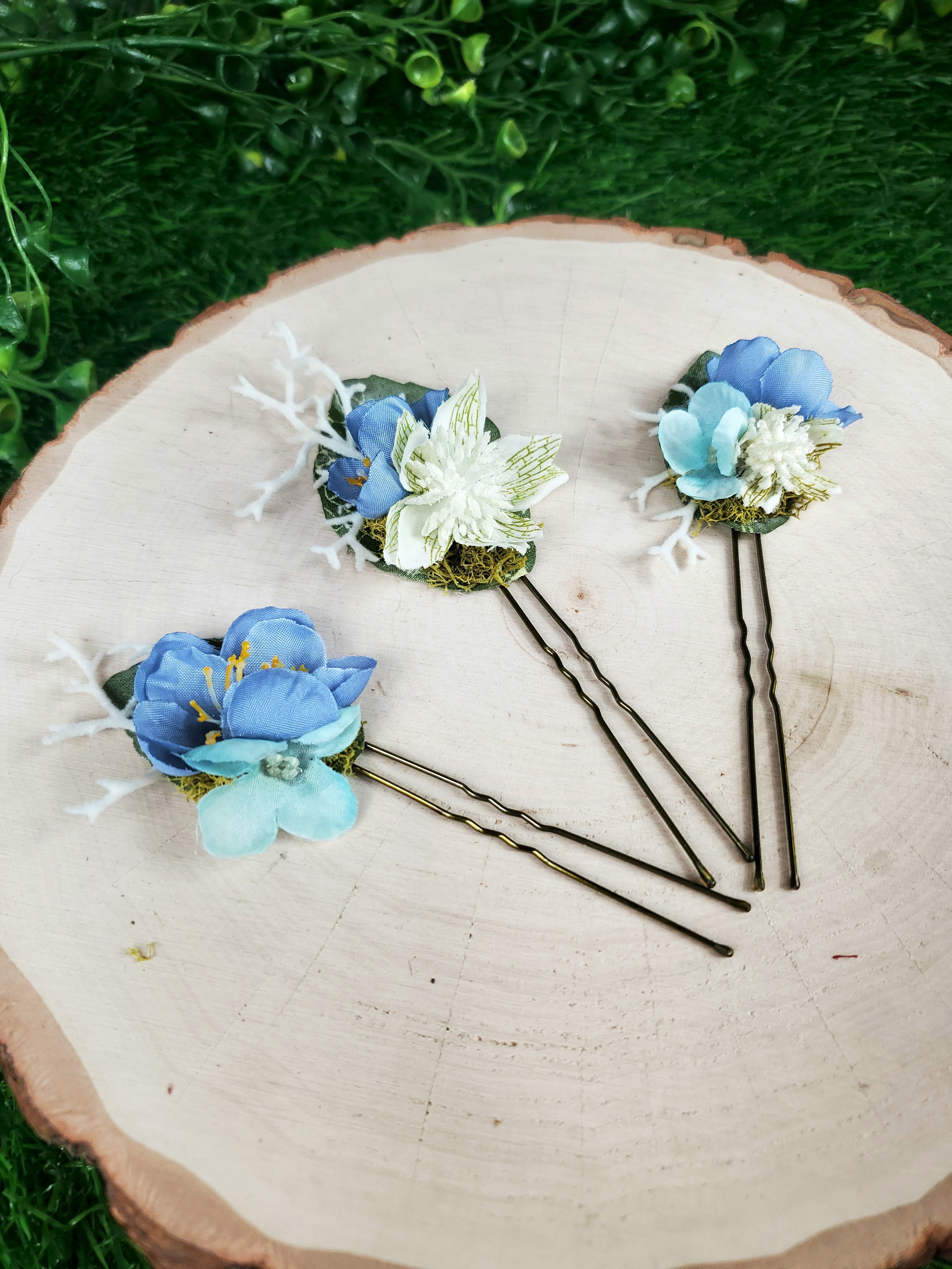 Blue and White Floral Hair pins- Set of 3
