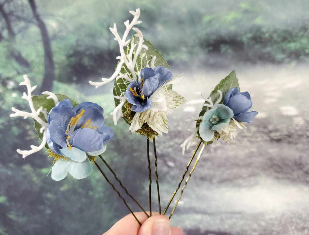 Blue and White Floral Hair pins- Set of 3