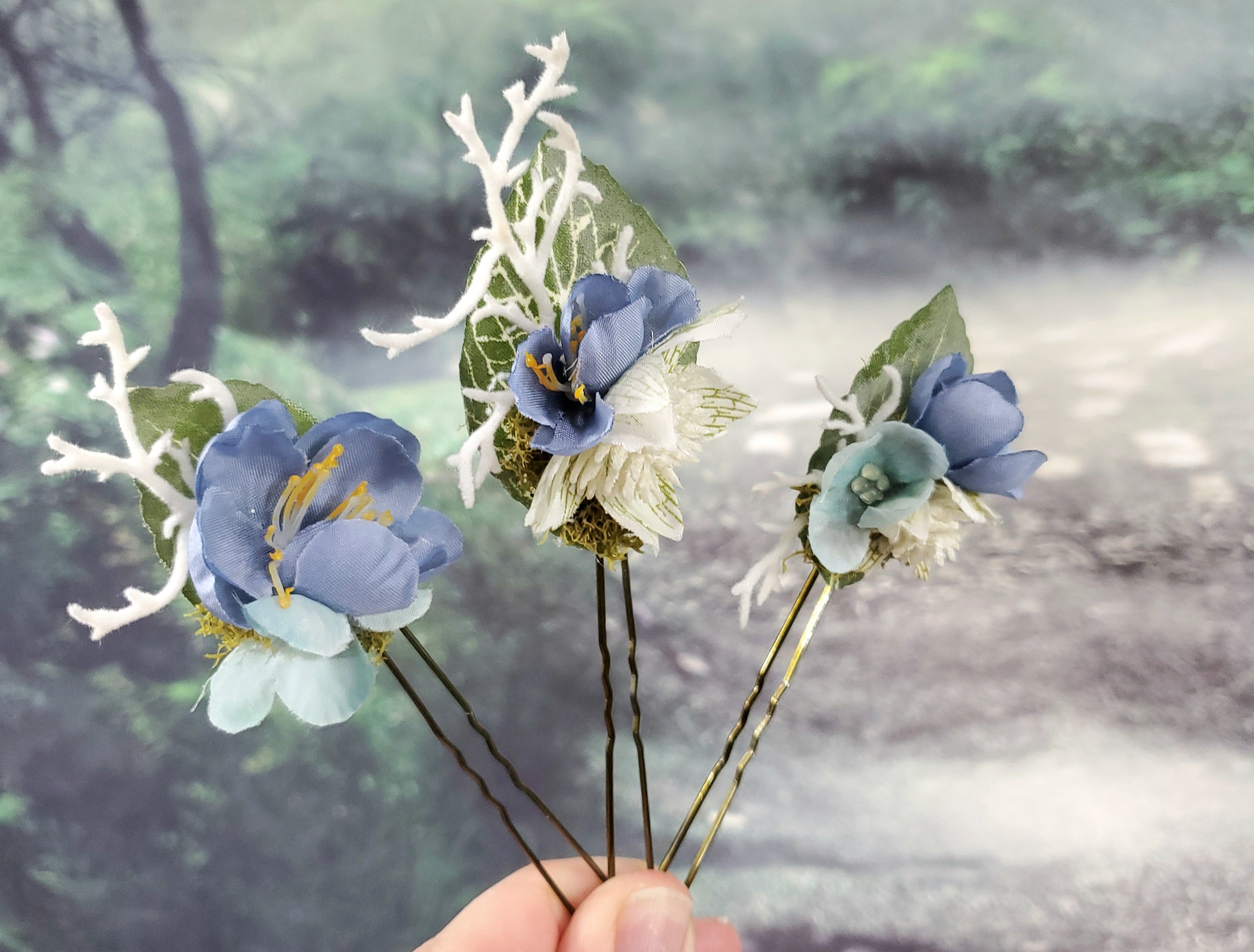 Blue and White Floral Hair pins- Set of 3
