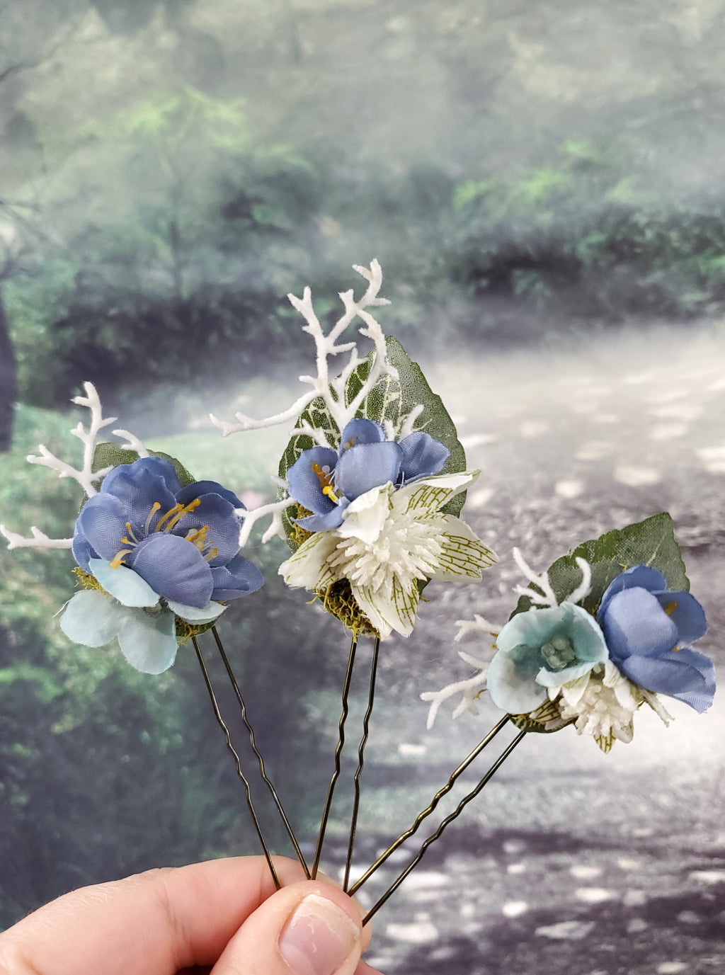 Blue and White Floral Hair pins- Set of 3
