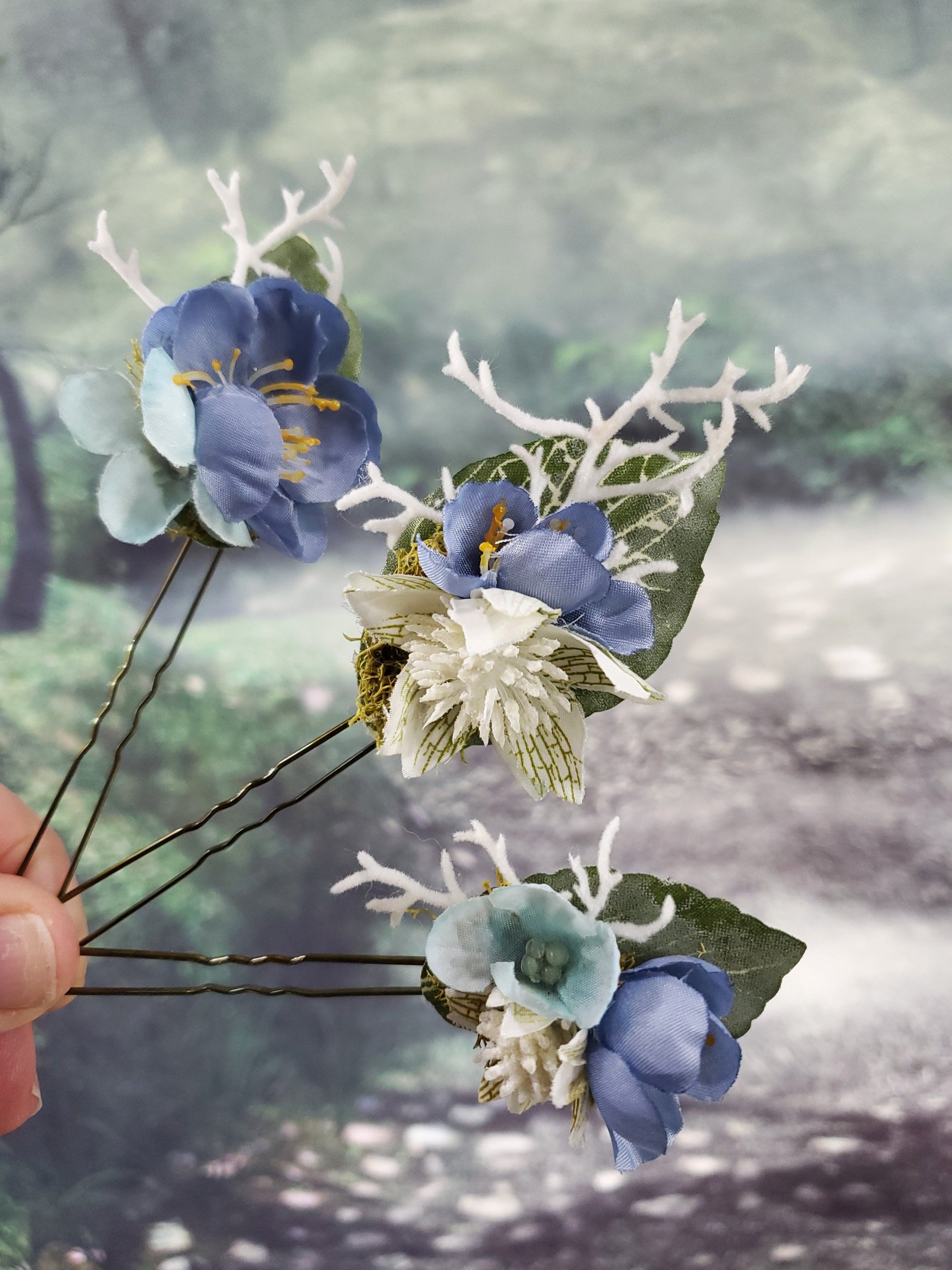 Blue and White Floral Hair pins- Set of 3