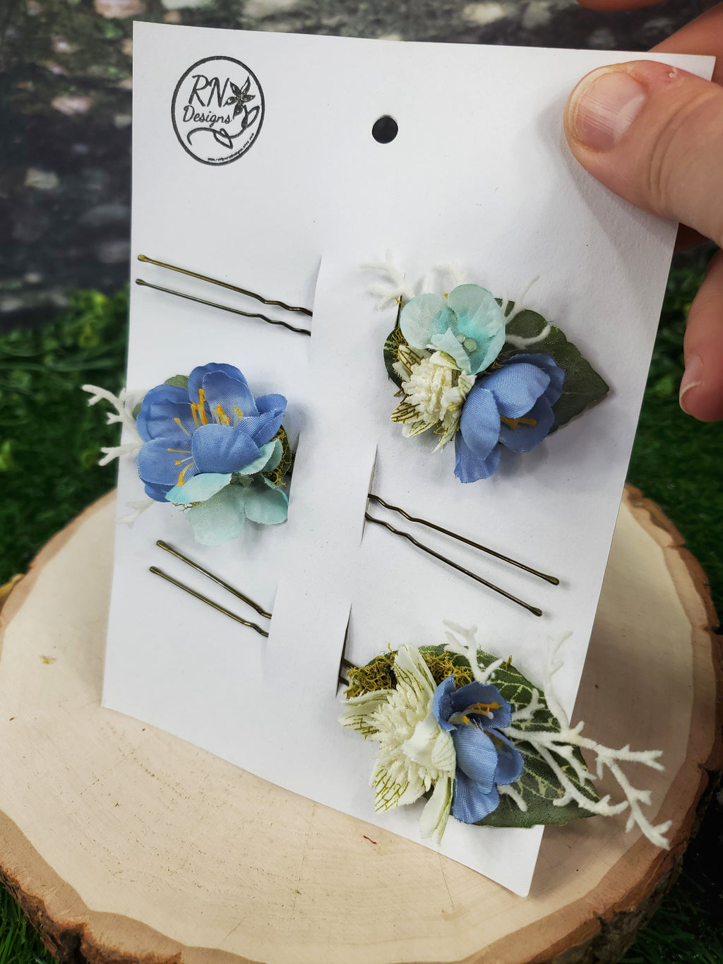 Blue and White Floral Hair pins- Set of 3