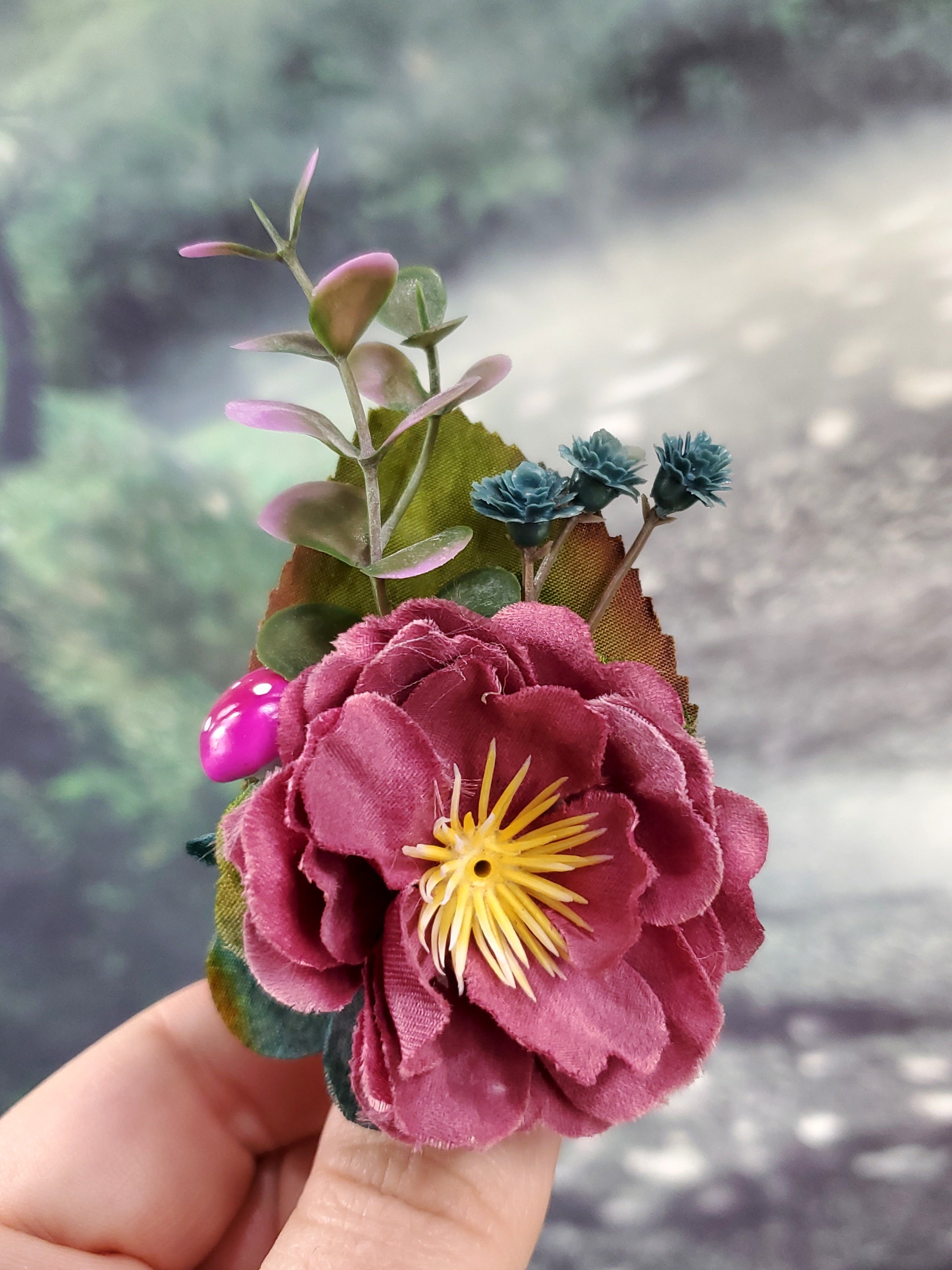 Flower Cottage Core Mini Hair Clip - Dark Rose and Teal