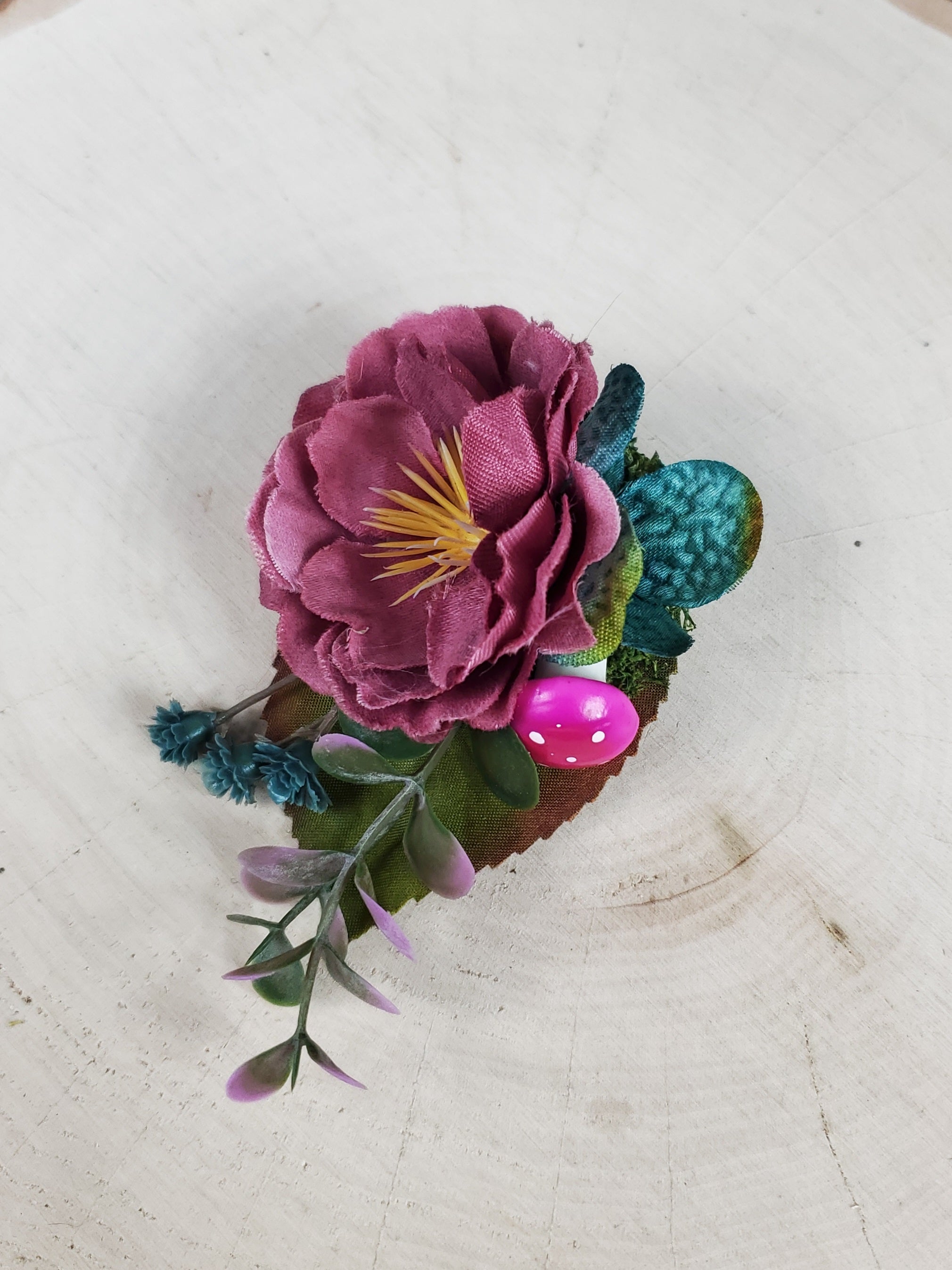Flower Cottage Core Mini Hair Clip - Dark Rose and Teal