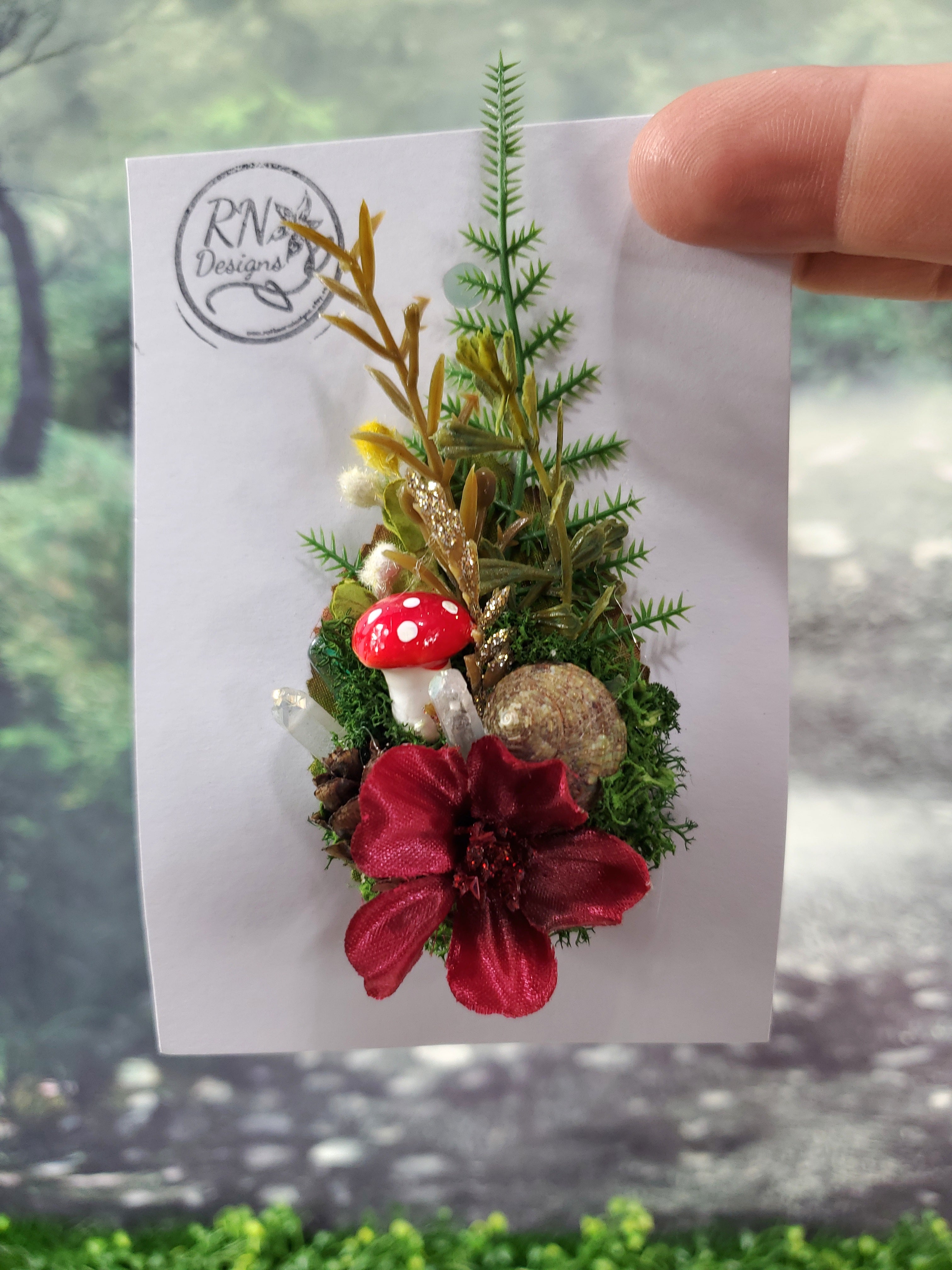 Burgundy and Green Woodland Mini Cottage Core Flower Hair Clip